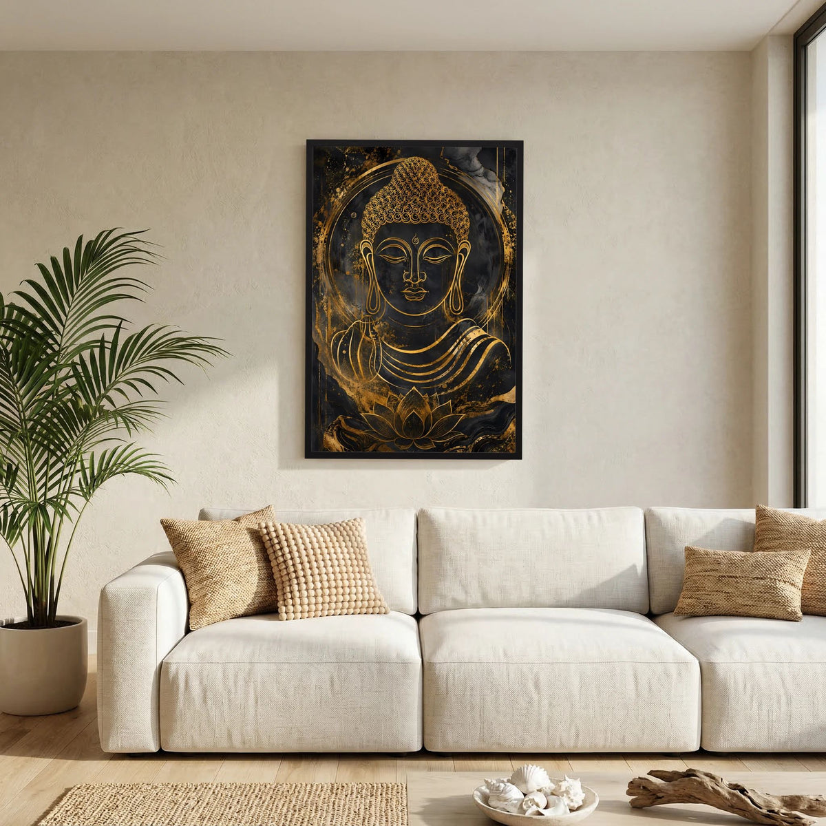 Buddha-Poster Hochformat mit goldener Buddha-Figur und Lotus-Motiv in schwarzem Rahmen