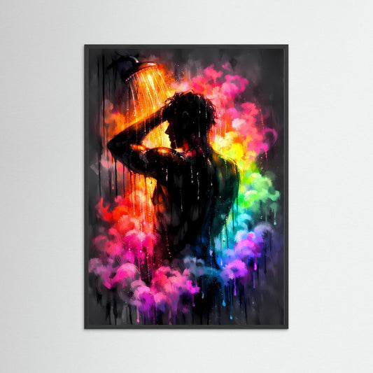Farbrausch der Sinne | Modernes Dusch-Poster in Regenbogenfarben & Dunkelgrau | Abstraktes Kunstposter Hochformat