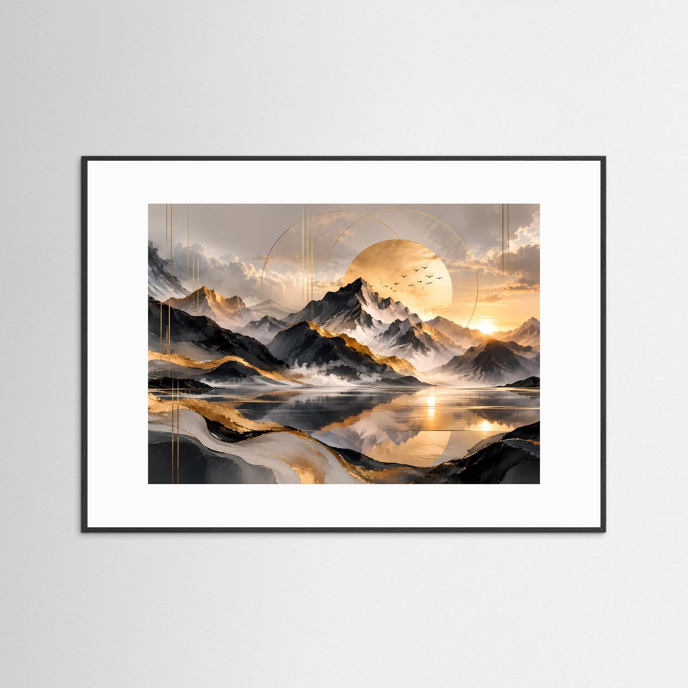 Abstrakte Berglandschaft Poster | Goldene Berge mit See | Moderne Landschaft Kunst | Panorama Wandbild | Elegante Leinwand mit Goldakzenten