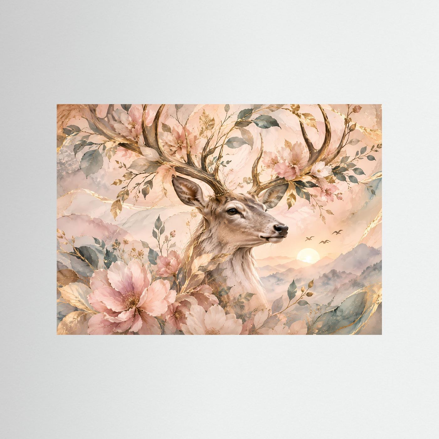 Hirsch mit Blüten Poster | Eleganter Hirsch in floraler Naturkunst | Pastell Wandbild mit Goldakzenten | Romantische Waldkunst | Premium Leinwand & Wall Art