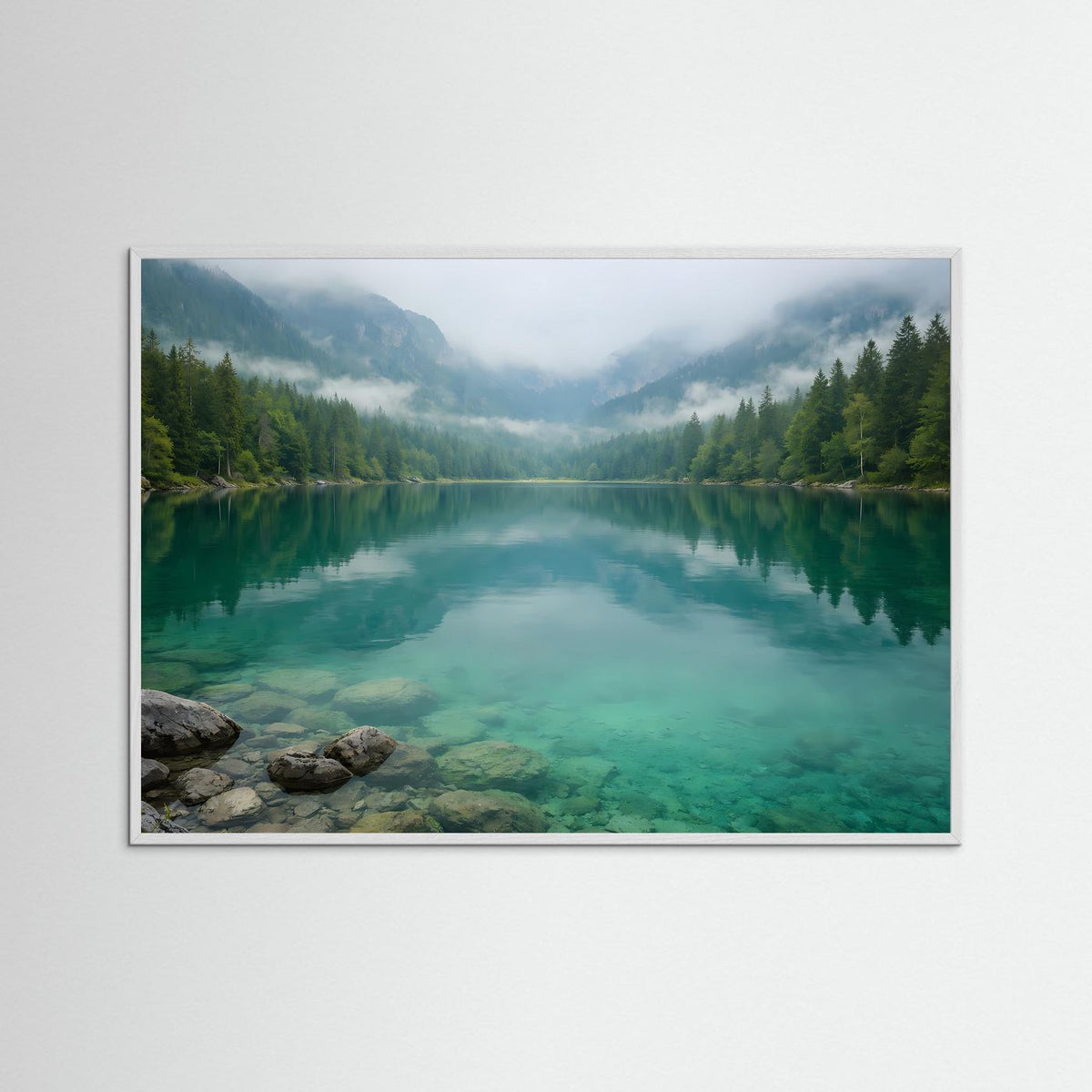 Bergsee im Nebel mit türkisfarbenem Wasser und Spiegelung, Fotodruck mit weißem Rahmen.