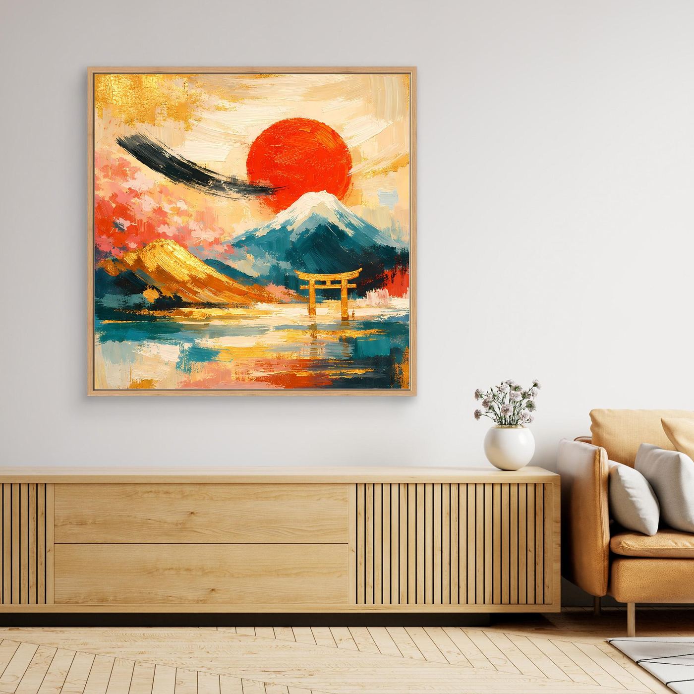 Leinwandbild mit Torii-Tor, roter Sonne und Gebirge, goldener Rahmen