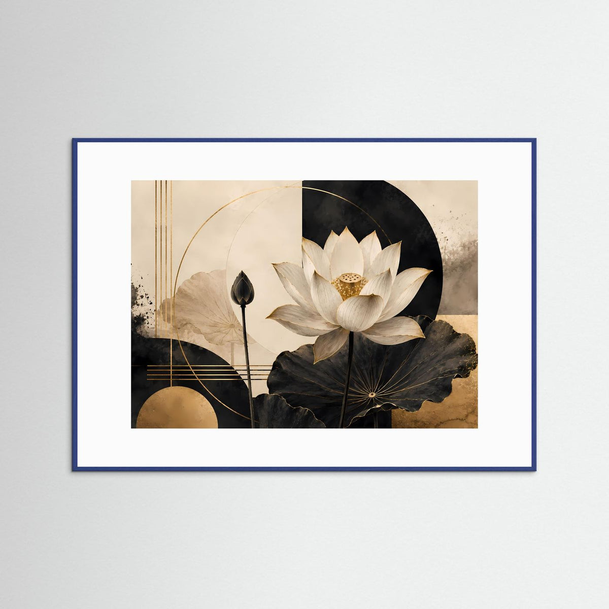 Querformatiges Poster mit Lotusblüte, abstrakte asiatische Blumen in Schwarz und Gold, im Rahmen