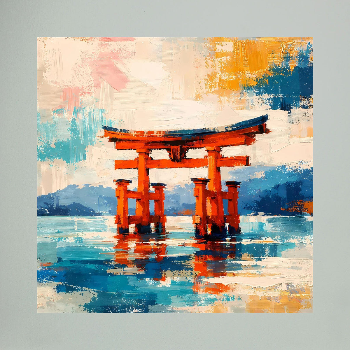 Leinwandbild Nahansicht: orange Torii-Tor über blauem Wasser, abstrakte Pinselstriche, Holzrahmen