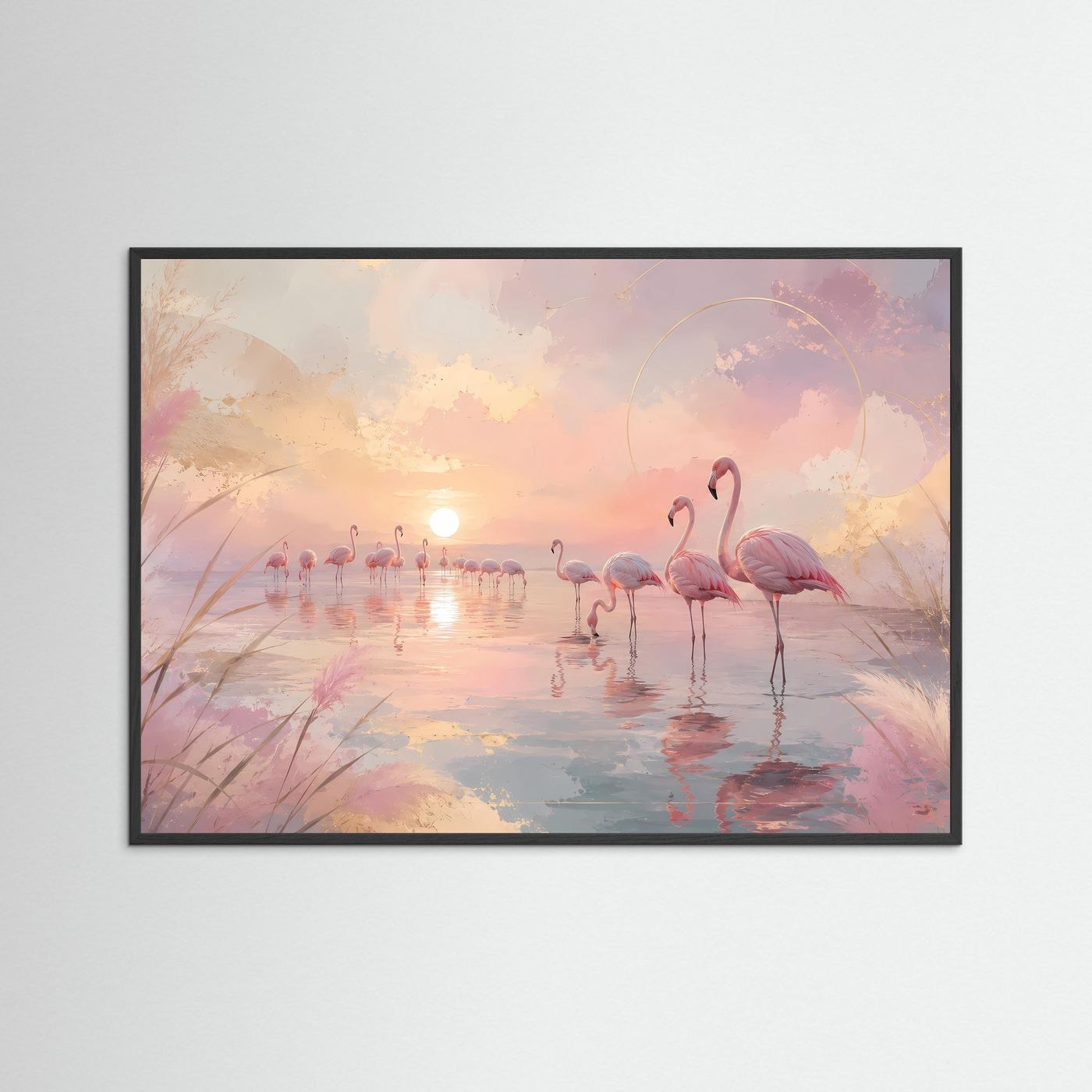 Flamingos im Sonnenuntergang | Pastell Wandbild mit Rosa Flamingos | Abstrakte Küstenlandschaft | Modernes Leinwandbild | Premium Poster