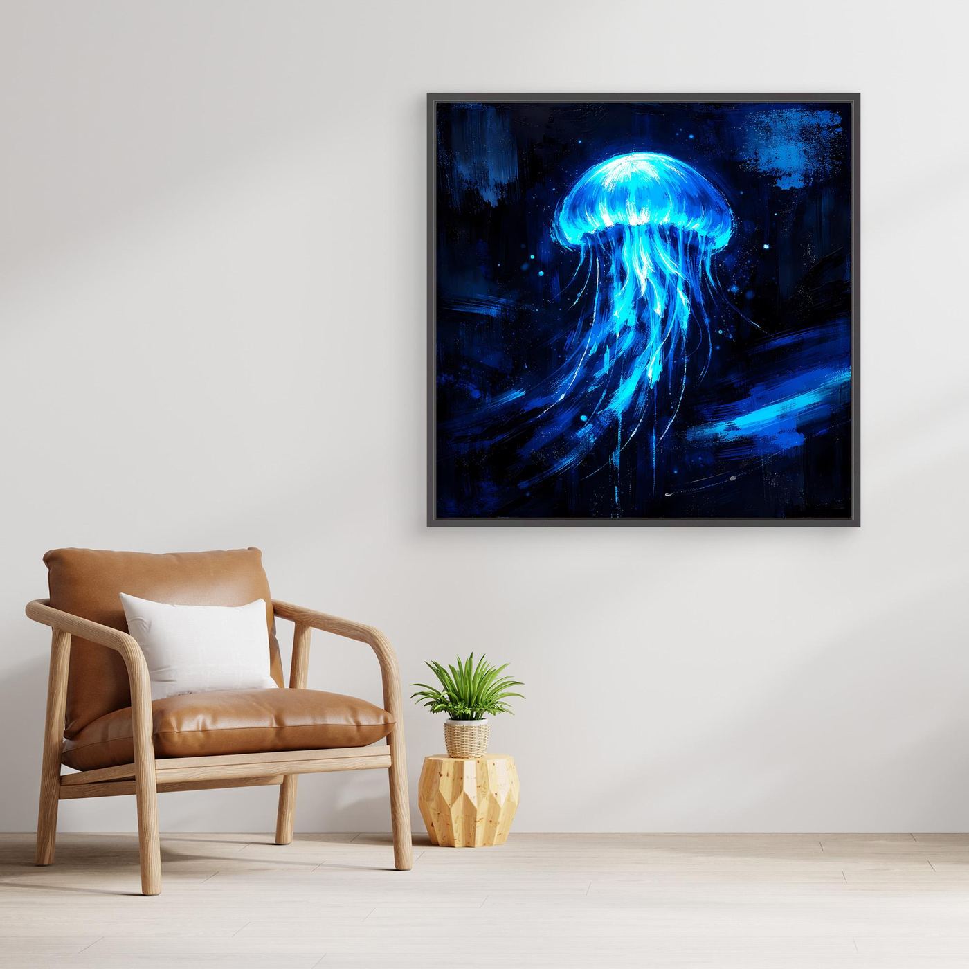 Leinwand Leuchtende Qualle im Tiefsee-Ozean | Abstraktes Biolumineszenz Wandbild