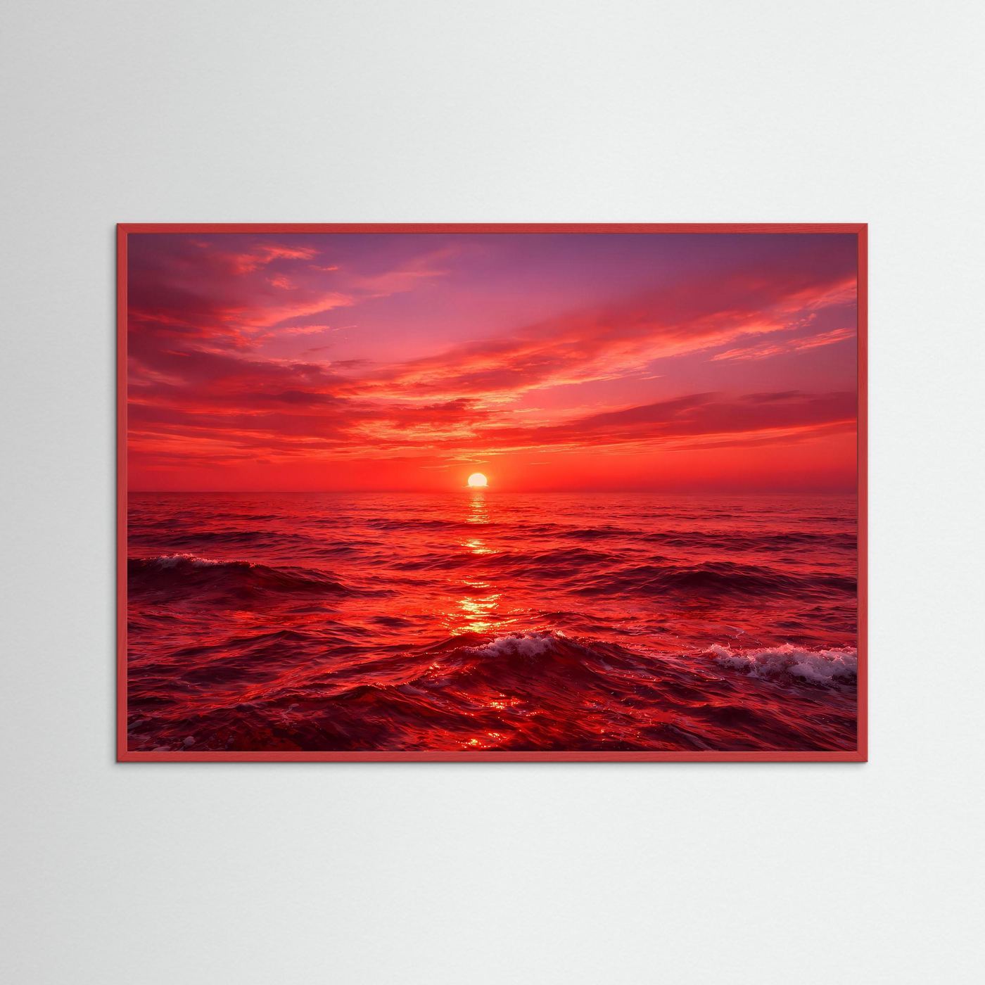 Wandposter mit dunkelbraunem Rahmen, Sonnenuntergang über dem Meer, rote Sonne