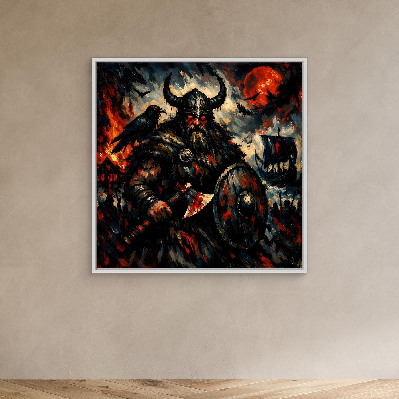 Leinwand Düsterer Wikinger-Krieger unter dem Blutmond | Expressives Nordmann Wandbild