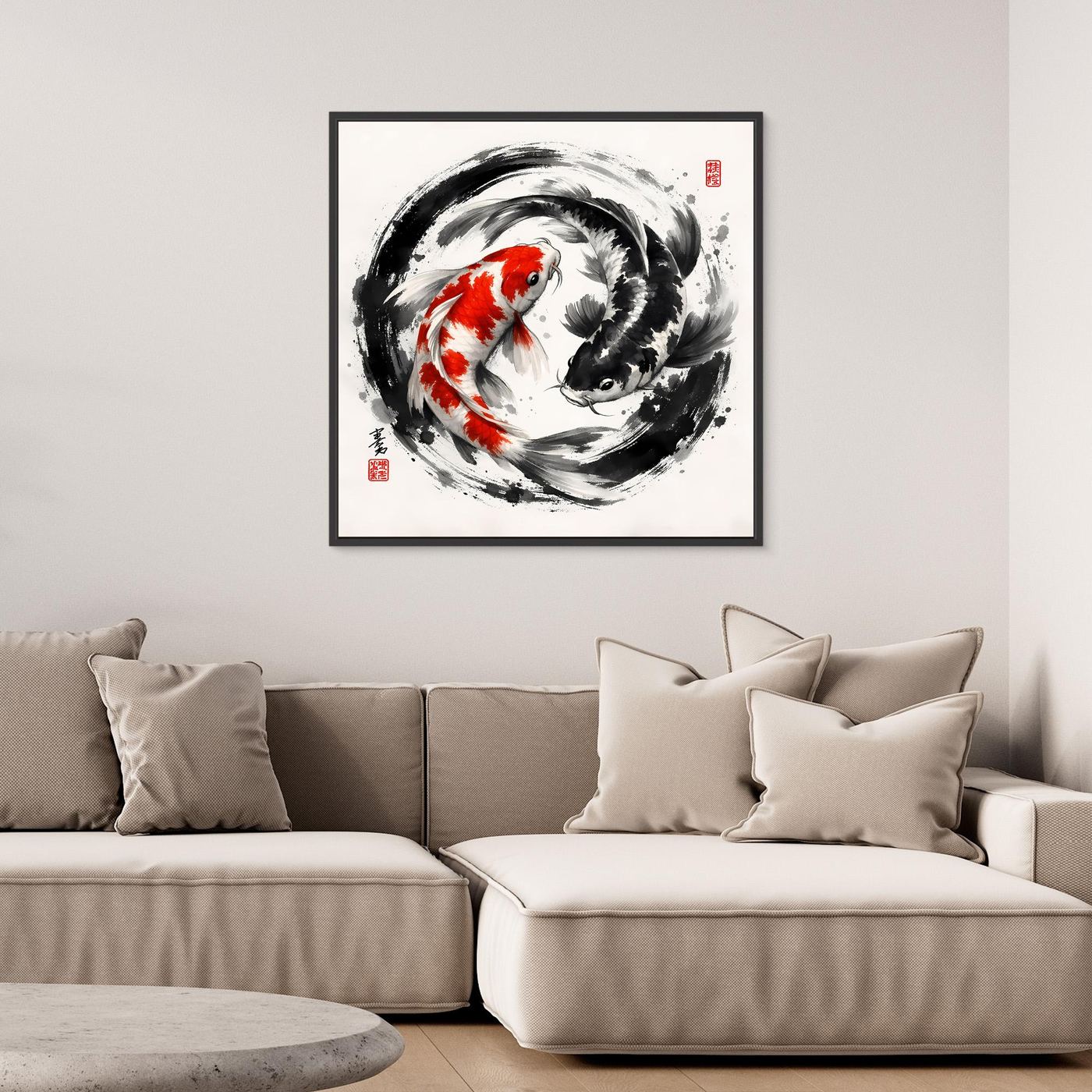 Leinwandbild mit Koi-Yin-Yang-Motiv: roter und schwarzer Karpfen im Kreis, mit schwarzem Rahmen.