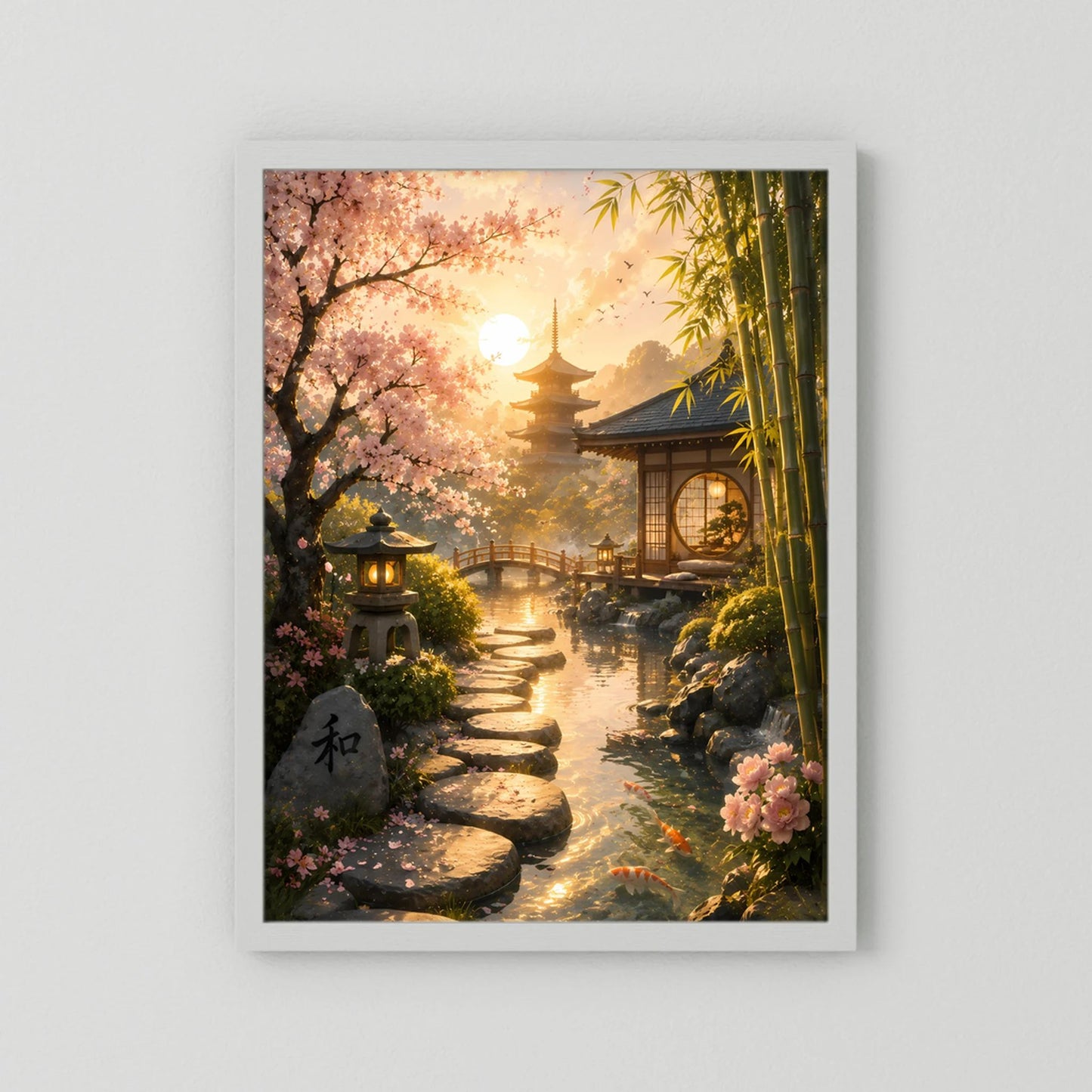 Hochformat-Poster Zen-Garten mit Kirschblütenbaum, Bambus und leuchtendem Pfad