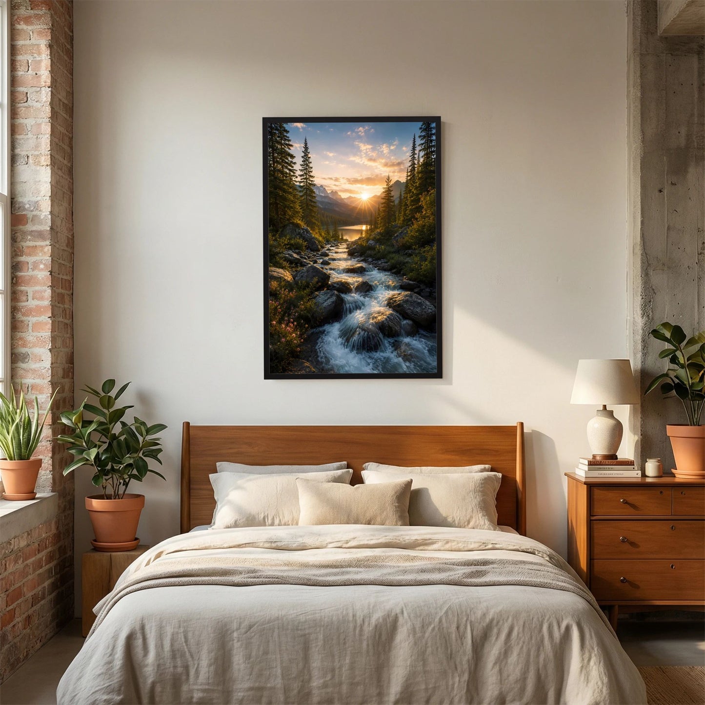 Hochformat-Poster im schwarzen Rahmen über Bett mit Decke; Waldlandschaft mit Bach bei Sonnenaufgang.