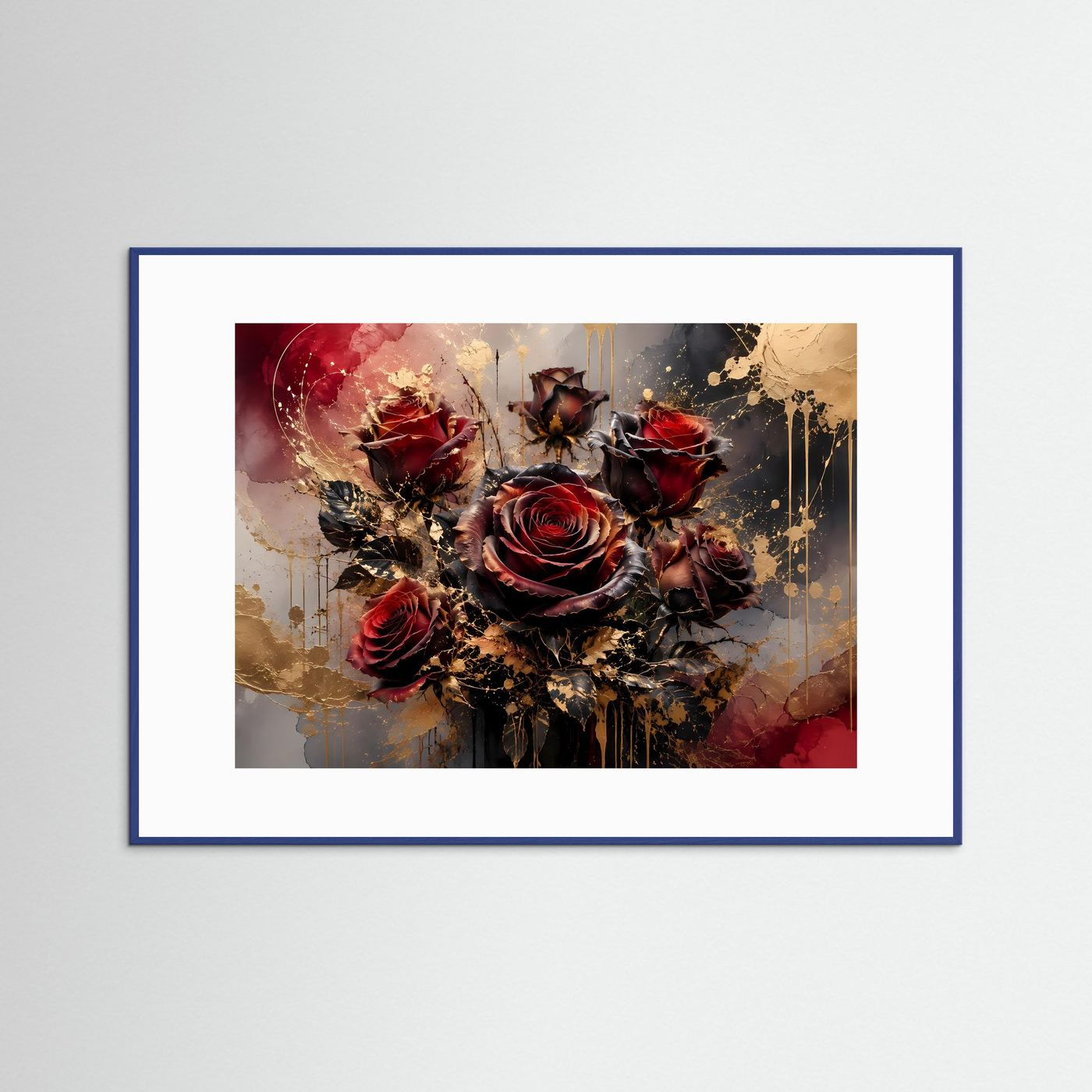 Rosen Poster | Dunkelrote Rosen Wandbild | Elegante Blumenkunst mit Gold | Florale Fine Art | Moderne Wohnzimmer Deko