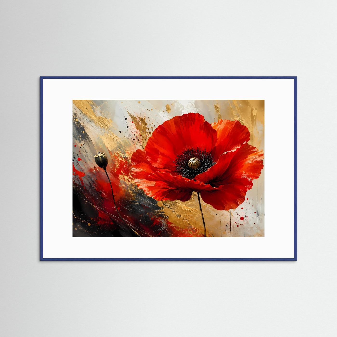 Roter Mohn in Gold & Schwarz | Abstrakte Mohnblume Wandkunst
