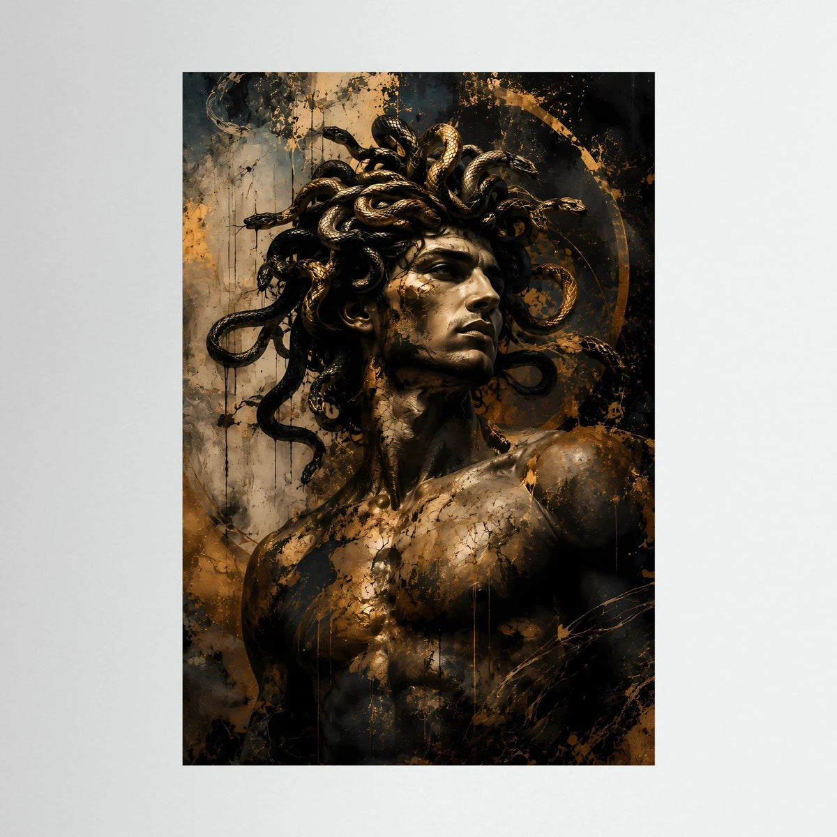 Nahansicht-Hochformat-Poster mit Männerporträt und Schlangen in Schwarz und Gold
