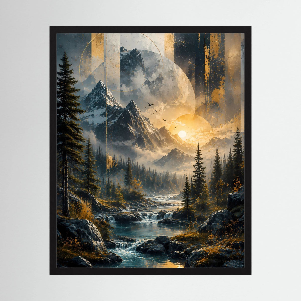 Gerahmtes Hochformat-Poster mit Berglandschaft, Fluss und goldfarbenem Sonnenlicht