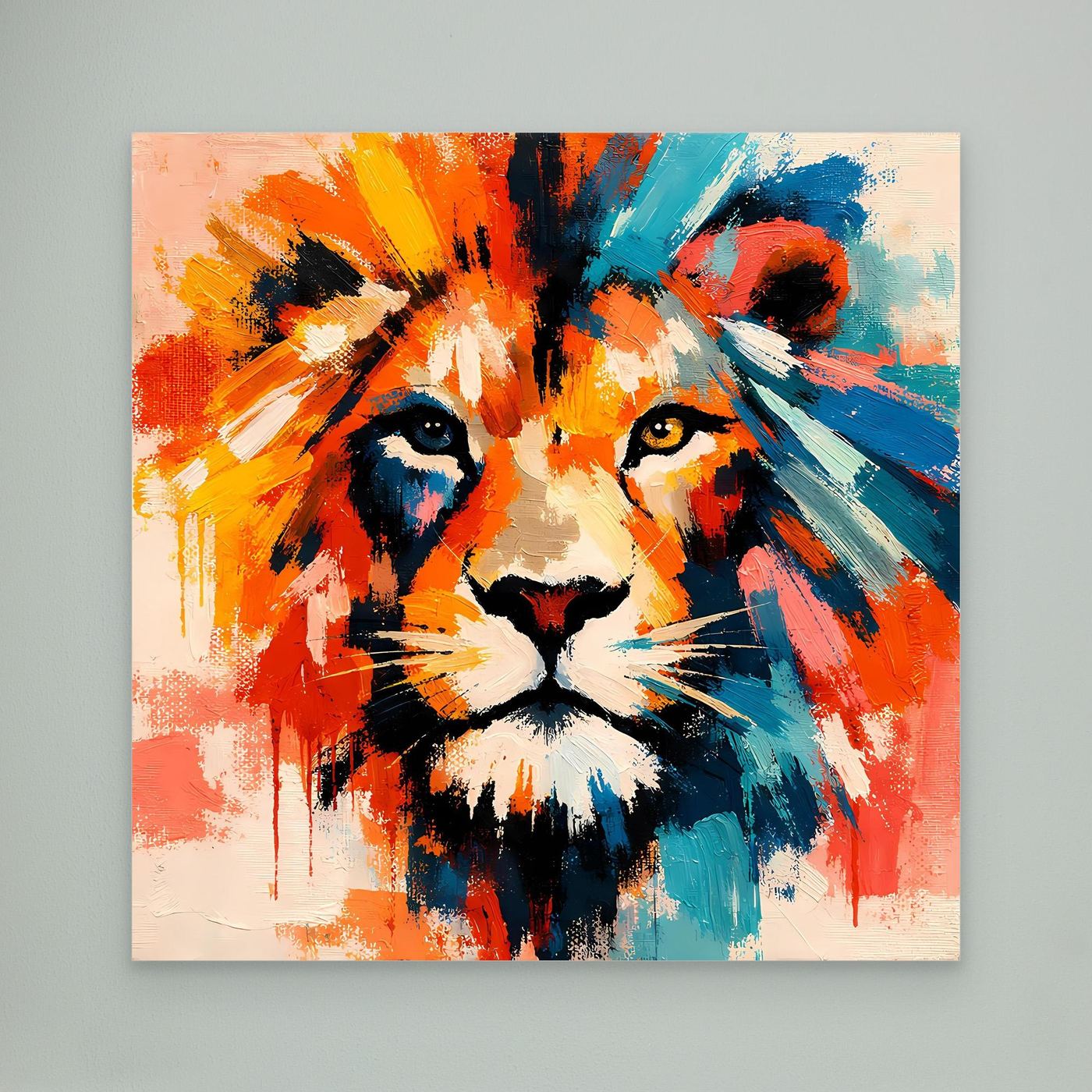 Leinwand-Kunstwandbild mit Pop-Art-Löwenkopf in kräftigen Farben