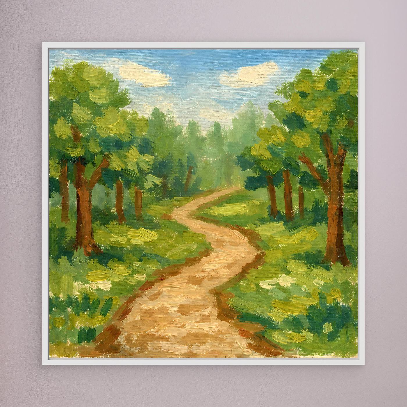 Leinwandbild Waldweg, weiß gerahmt; diagonal verlaufender goldener Pfad