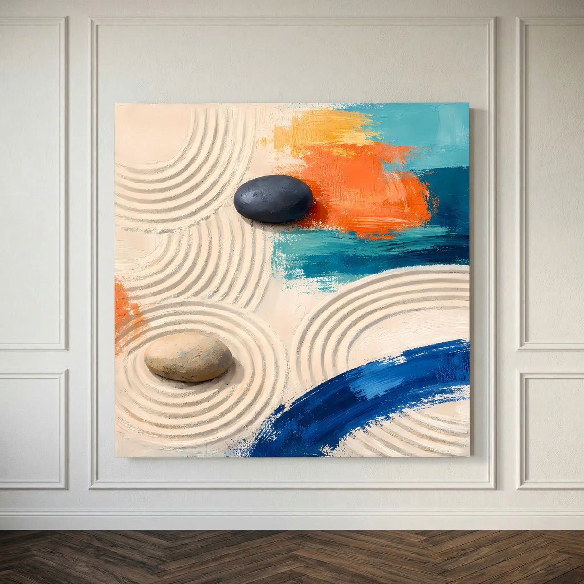 Abstraktes Leinwandbild: Sandwellen mit schwarzem Stein, beigem Stein und blau-orange Akzenten