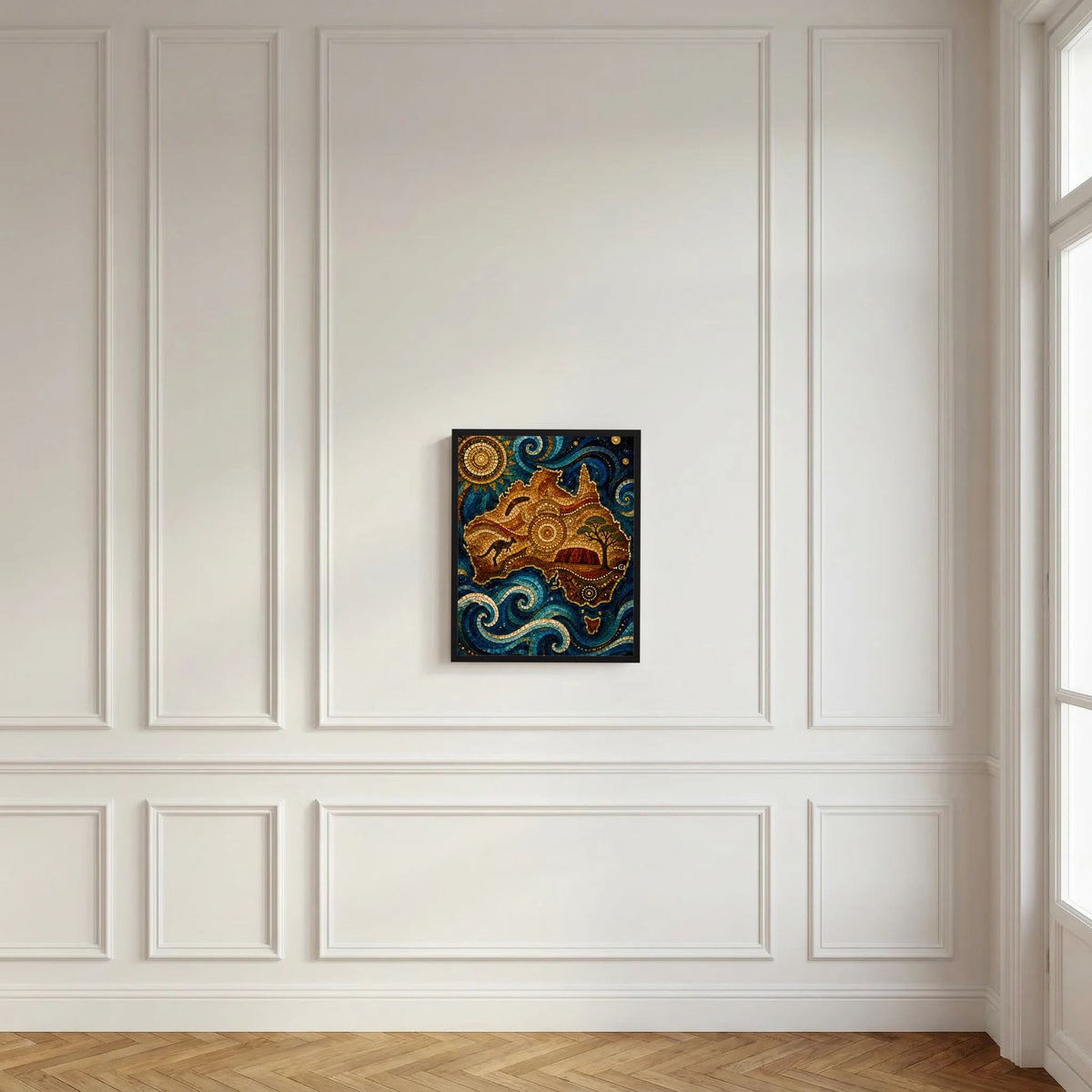 Wandposter mit goldbraunem Tierkopf und türkisblauen Wellenwirbeln im Mosaikstil