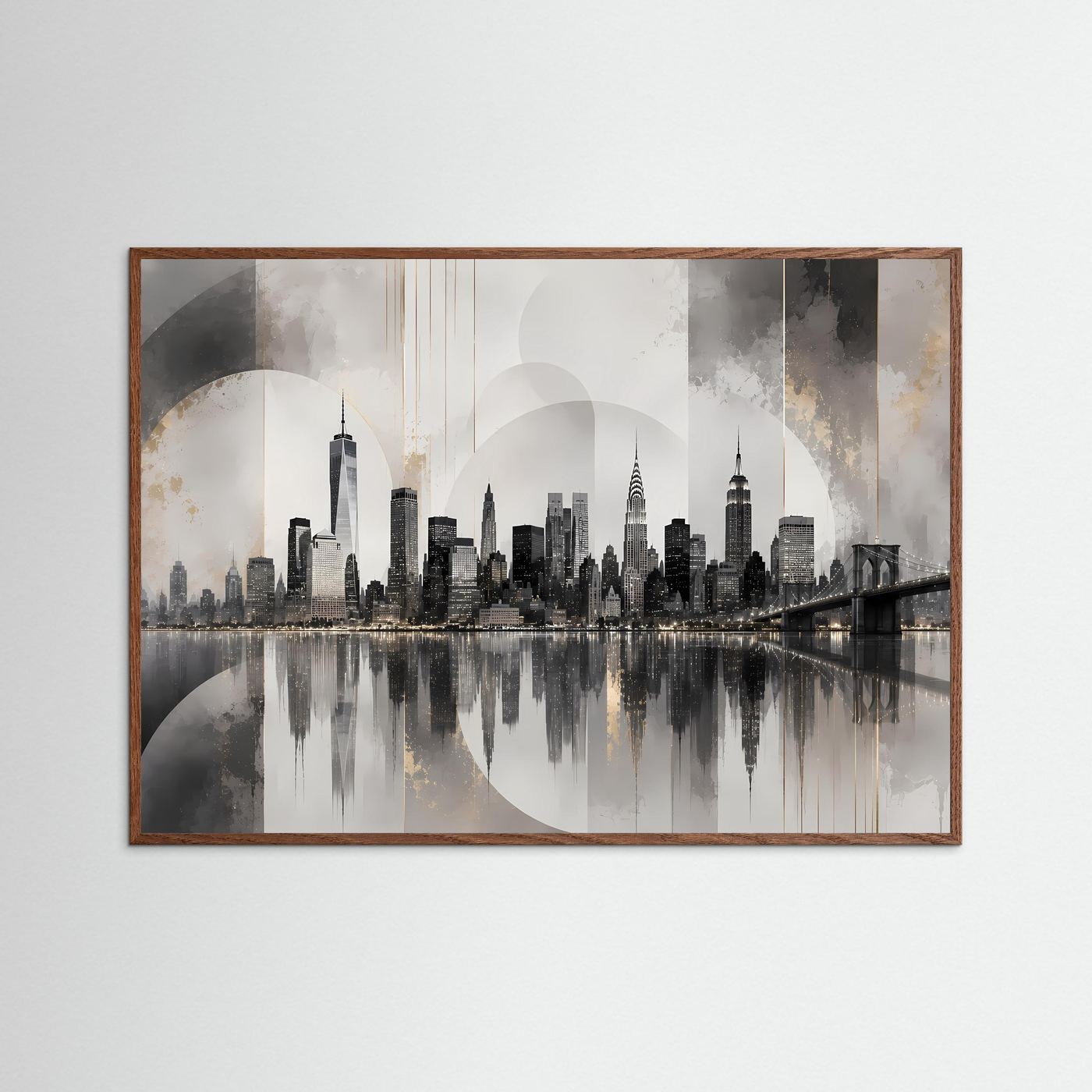 Querformatiges Skyline-Poster mit Brückenmotiv im dunklem Holrahmen, Grau-Schwarz-Creme