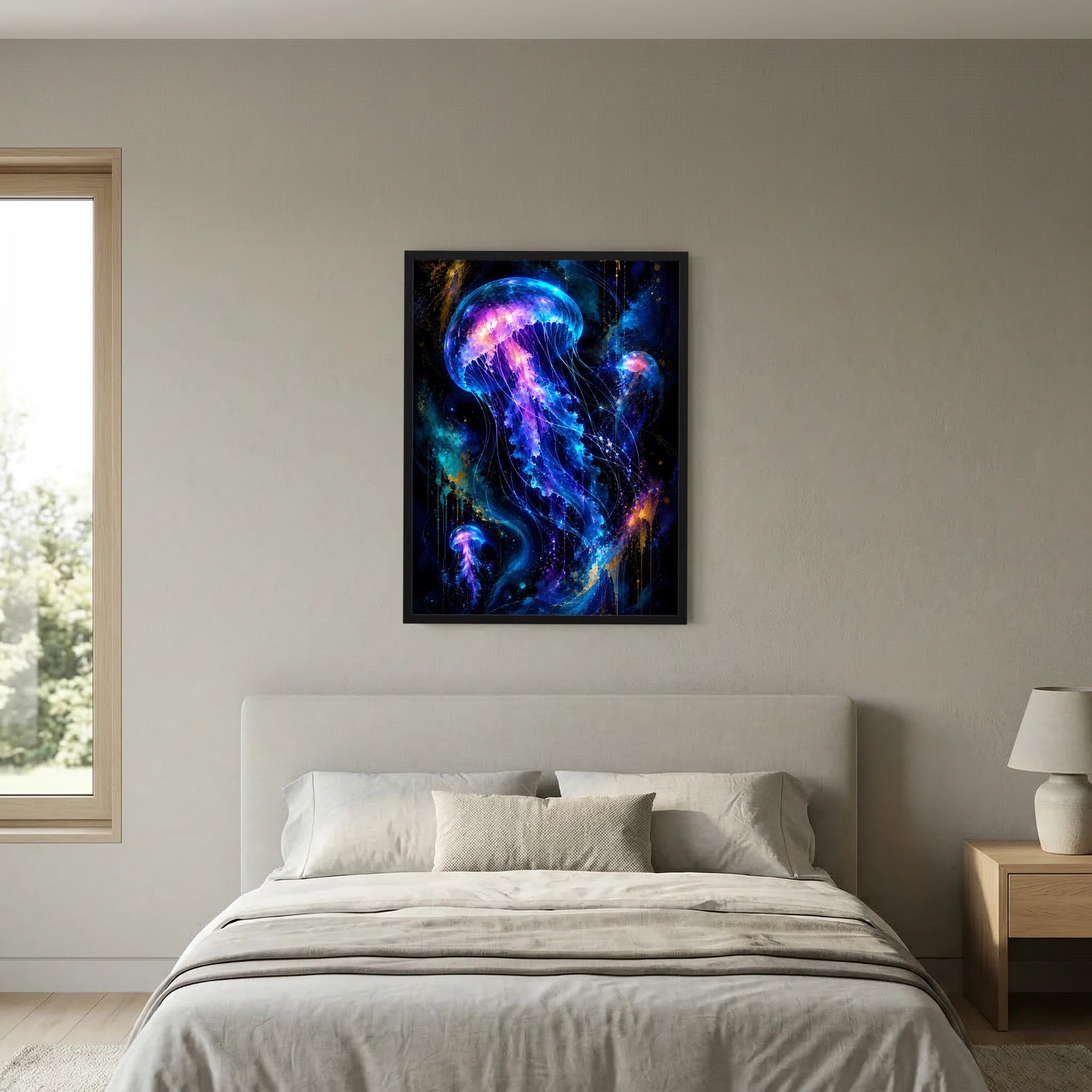 Hochformat-Poster mit leuchtenden Quallen in Neonblau und Violett, schwarzer Rahmen