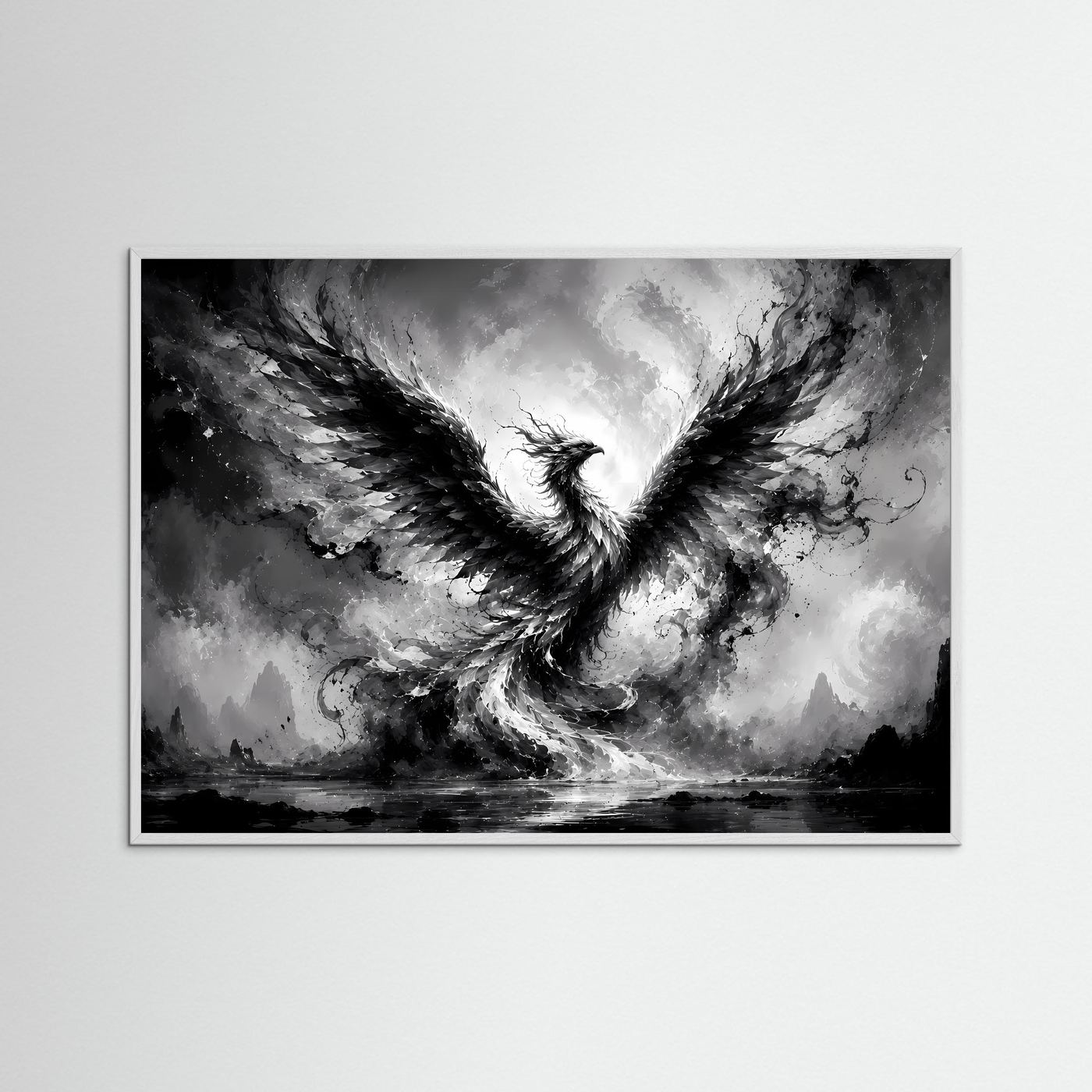 Phönix aus Licht und Schatten | Mystische Schwarz-Weiß Wandkunst – Abstrakter Feuervogel
