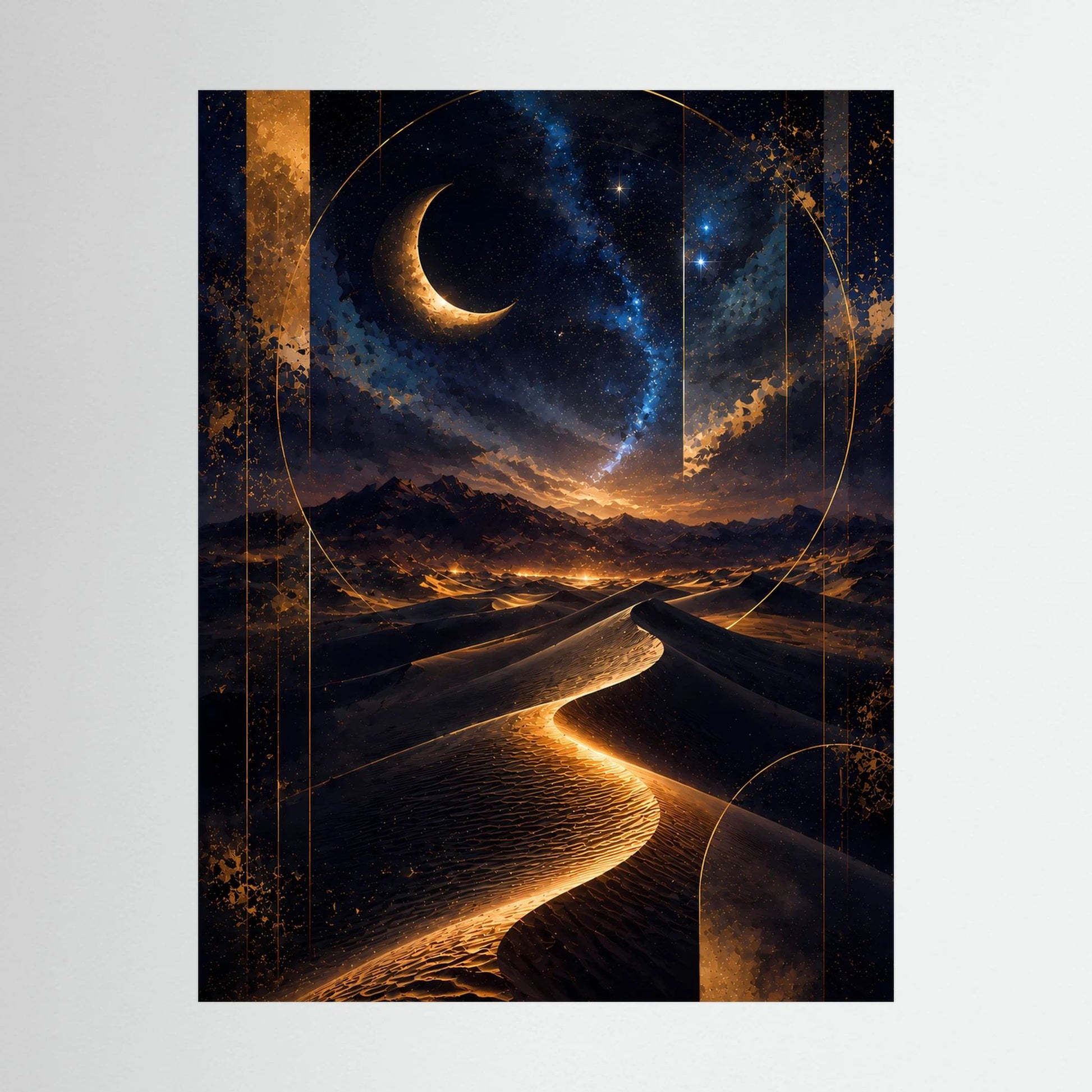 Poster-Motiv im Hochformat: Mondsichel am Sternenhimmel über goldenen Dünenwegen.