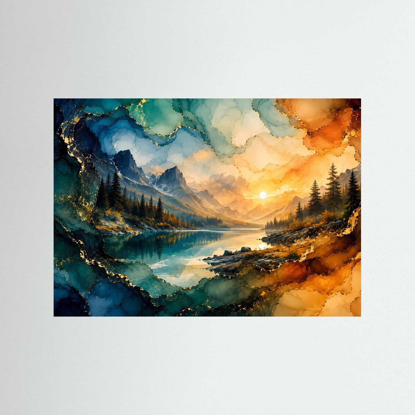 Abstrakte Berglandschaft Poster | Alkohol Ink Landschaft | Gold Blau Wandbild | Moderner Bergsee Sonnenuntergang | Luxuriöse Leinwandkunst
