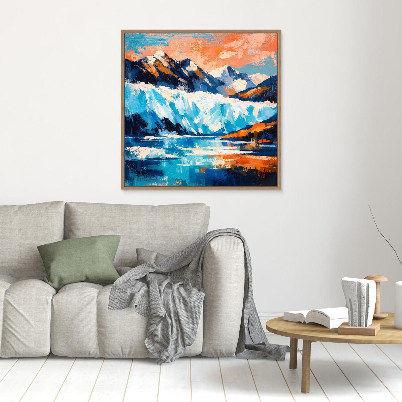 Abstraktes Leinwand-Wandbild mit Gletscher- und Bergmotiven, orange-blaue Farbflächen, brauner Rahmen