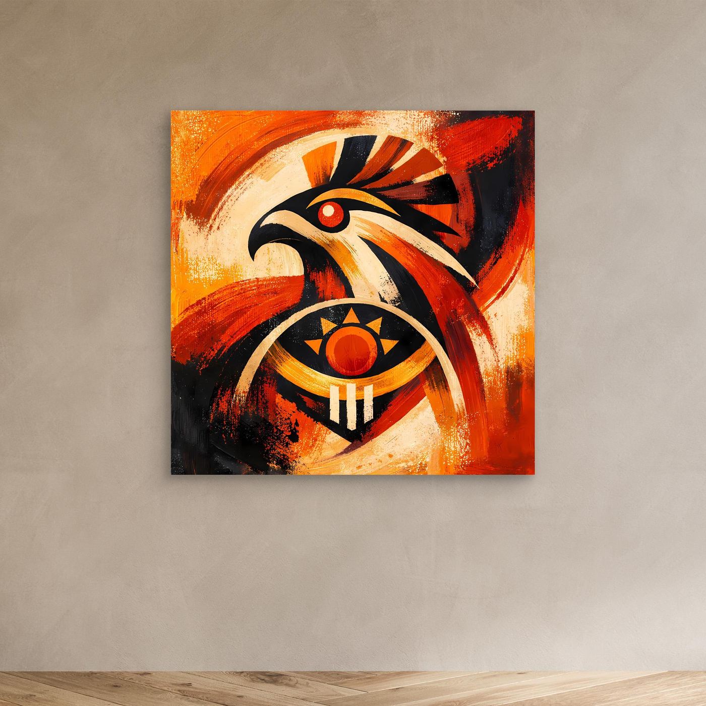 Wandbild mit stilisiertem Falken- und Sonnensymbol in Orange-Rot-Schwarz, ohne Rahmen
