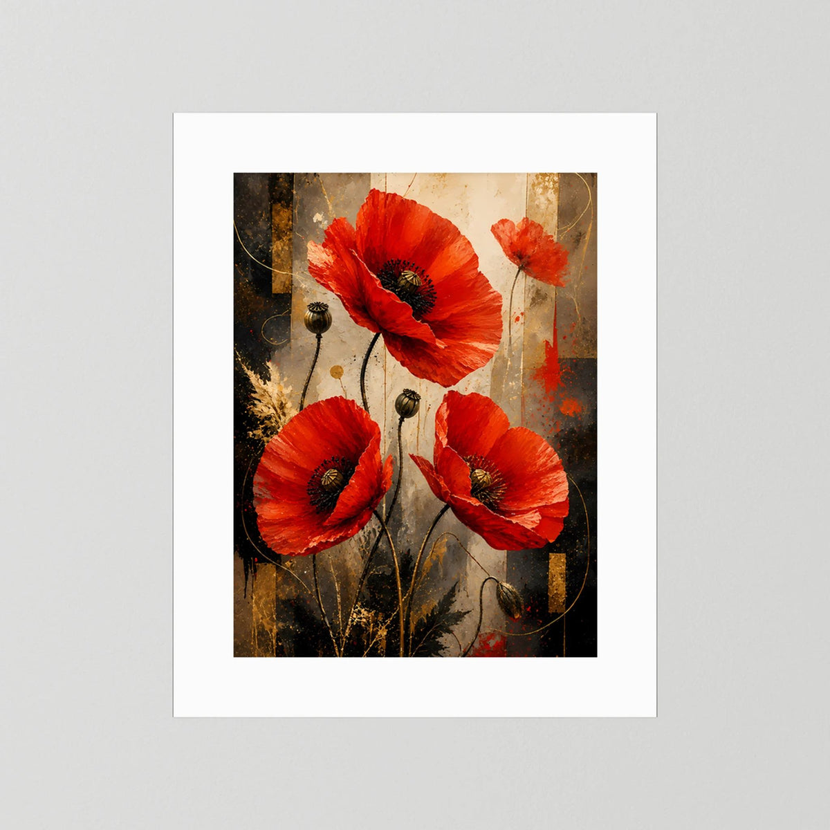 Roter Mohn in Gold & Schwarz | Elegante florale Kunst | Poster Hochformat