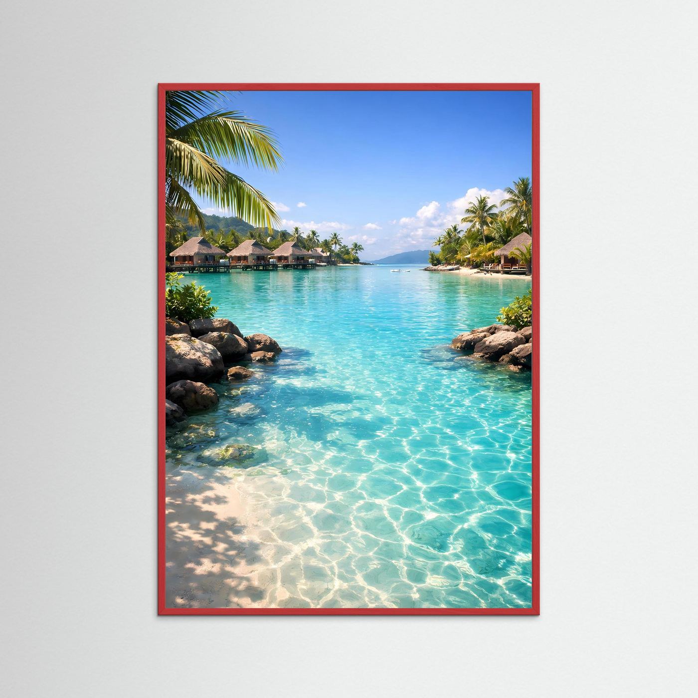 Poster Tropische Lagune mit türkisfarbenem Wasser, blauer Rahmen, Hochformat.