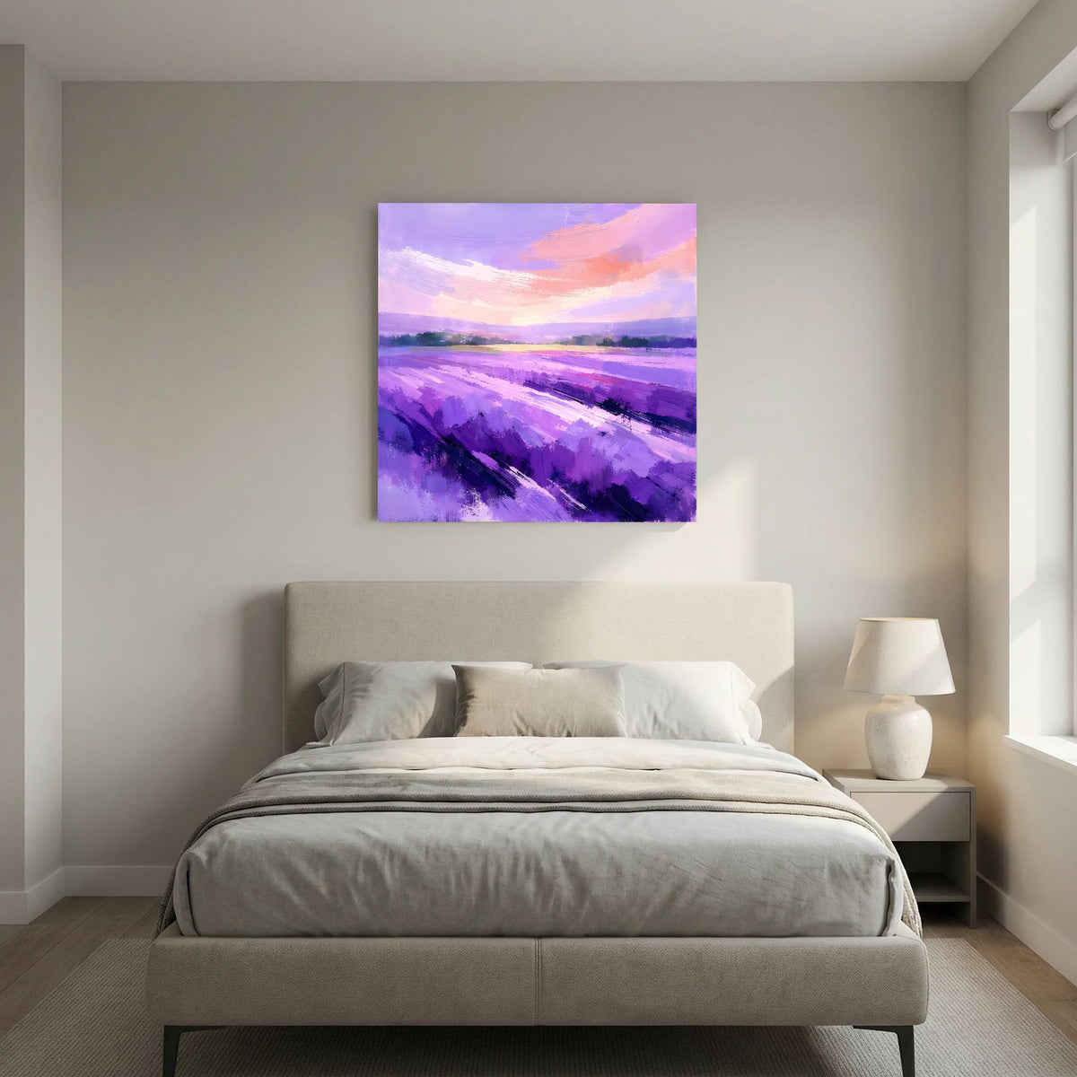 Lila abstraktes Leinwandbild auf der Wand: Lavendelfeld in Violetttönen mit rosa Wolken