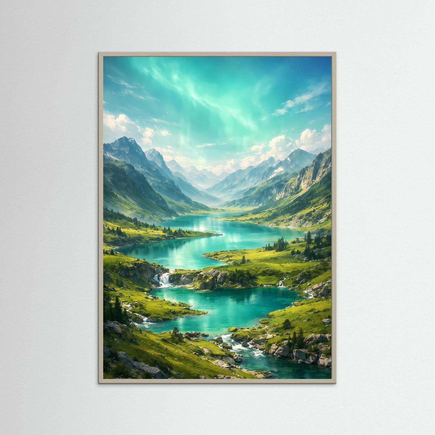 Gerahmtes Hochformat-Poster: Bergsee mit türkisfarbenem Wasser, grünen Tälern und Bergen, helles Holz