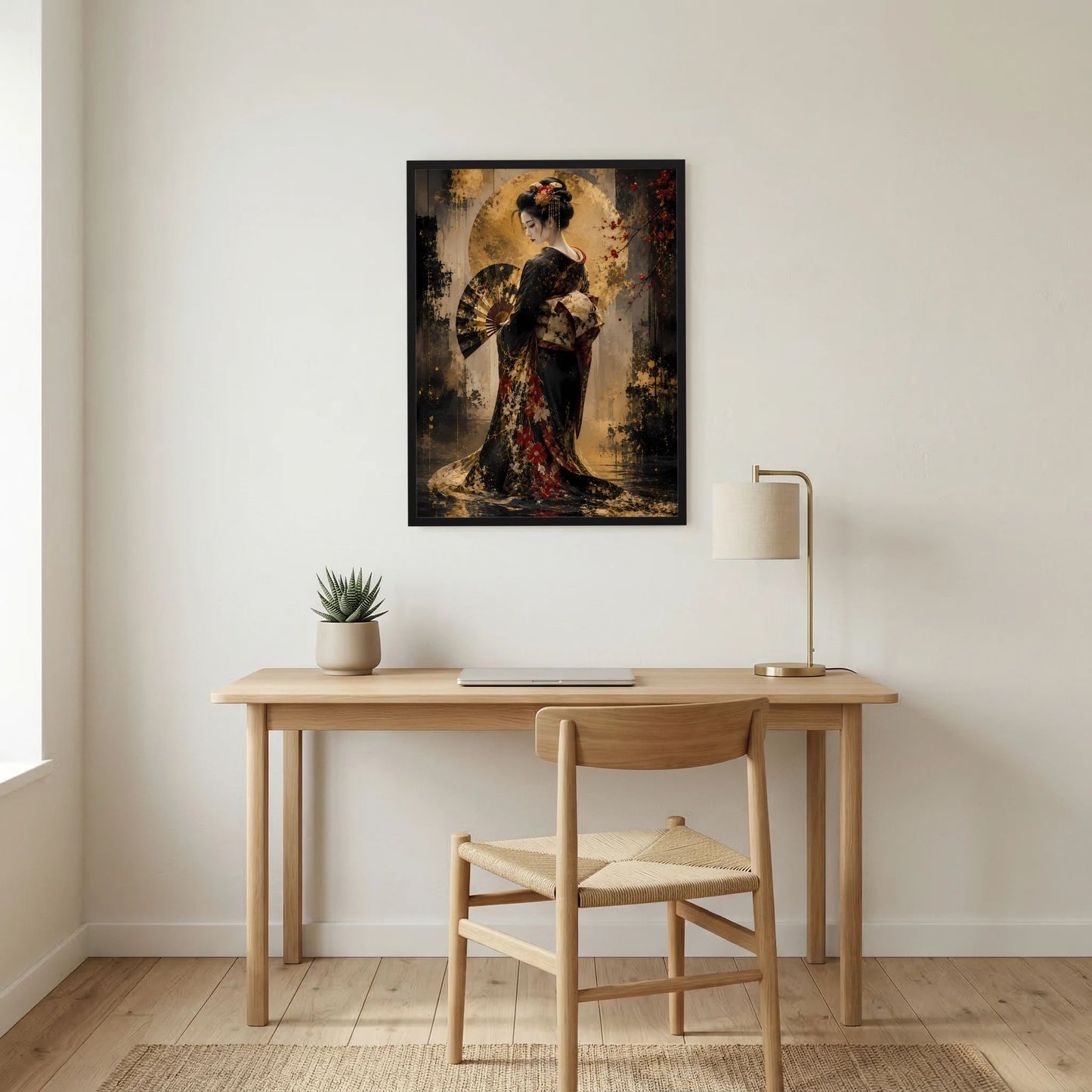 Wand-Poster im Hochformat: Geisha im Kimono mit goldenen Ornamenten, schwarzer Rahmen.