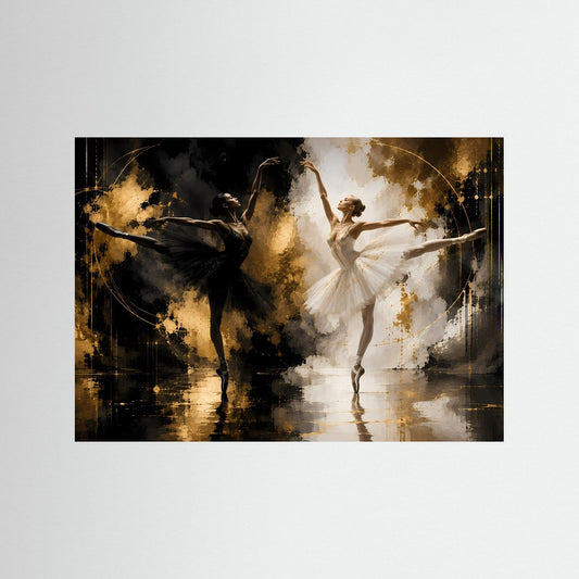 Querformat-Poster mit Balletttänzerin in Weiß und Tänzer in Schwarz, goldene Spritzer