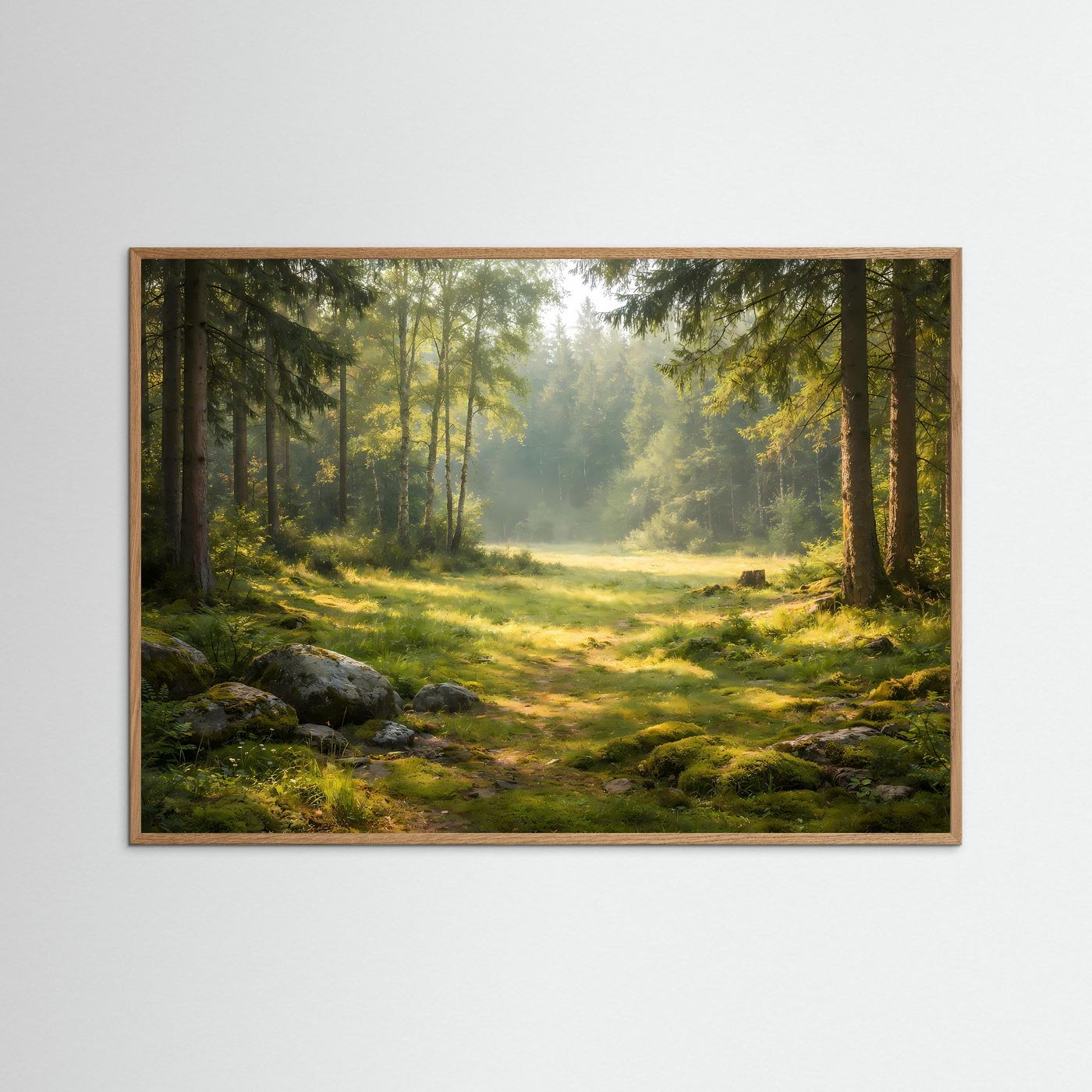 Sonnenlicht Wald Poster Querformat | Waldlichtung Natur Wandbild | Ruhige Landschaft Moderne Waldkunst