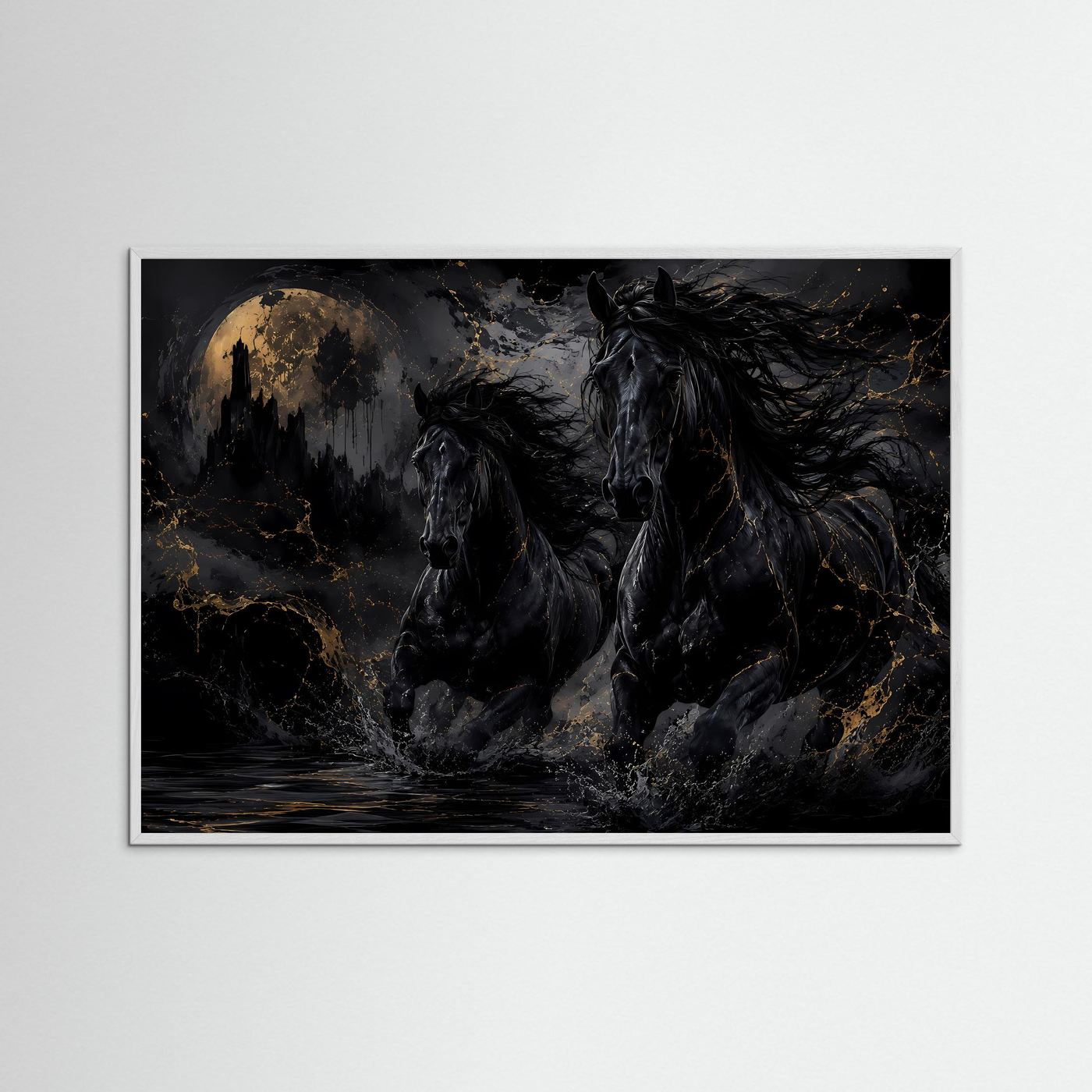 Schwarze Pferde Poster | Mystische Pferde Wandkunst mit Vollmond | Dunkle Fantasy Pferde | Eleganter Gothic Kunstdruck