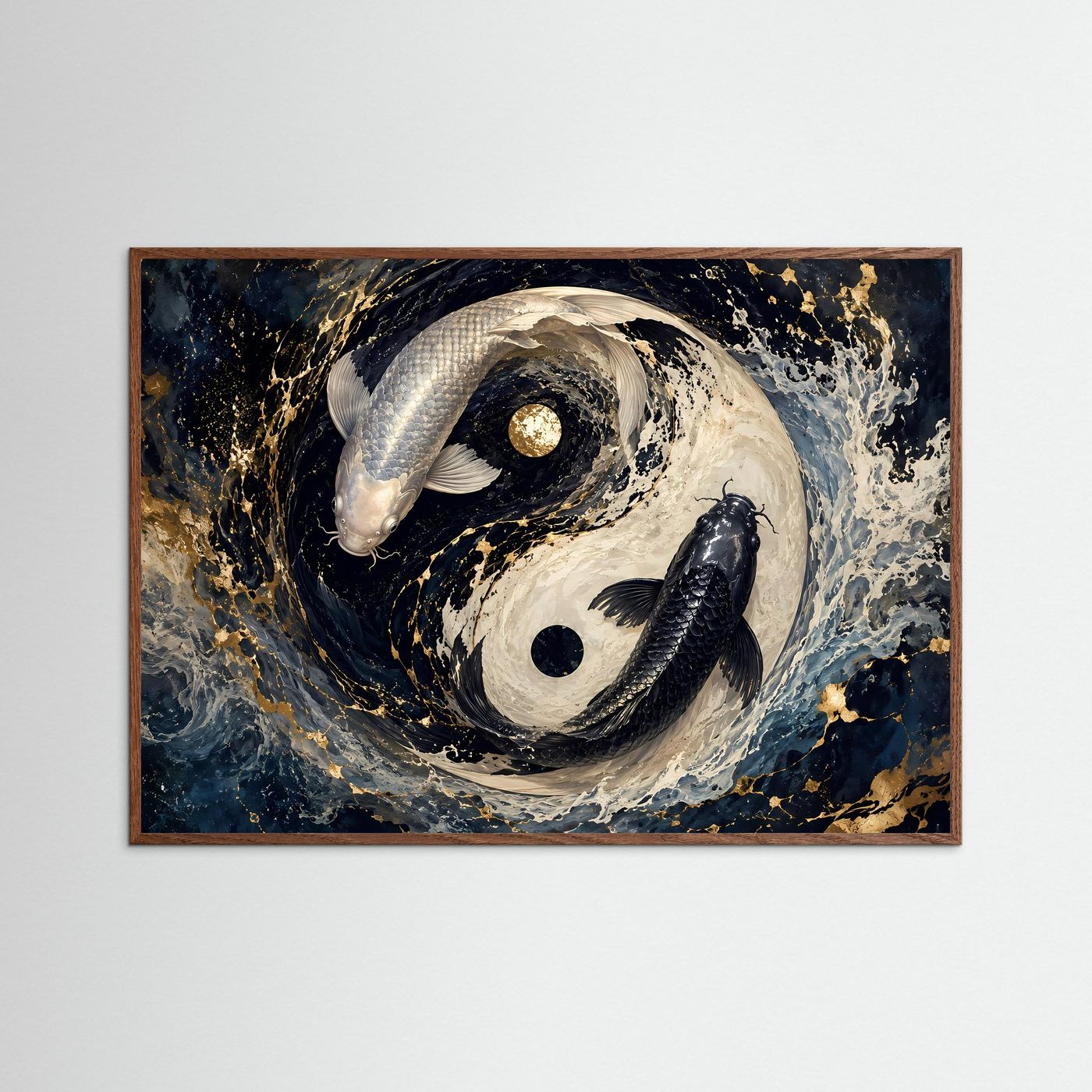 Koi Fische Yin Yang in Schwarz Weiß & Gold | Asiatische Zen Wandkunst