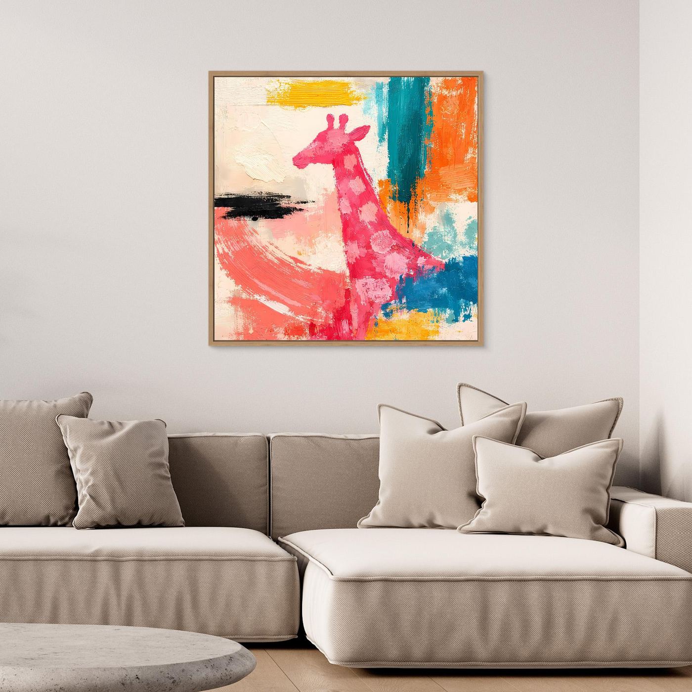 Gerahmtes Leinwandbild mit abstrakter Giraffe im Pop-Art-Stil, pinke Silhouette auf bunten Akzenten