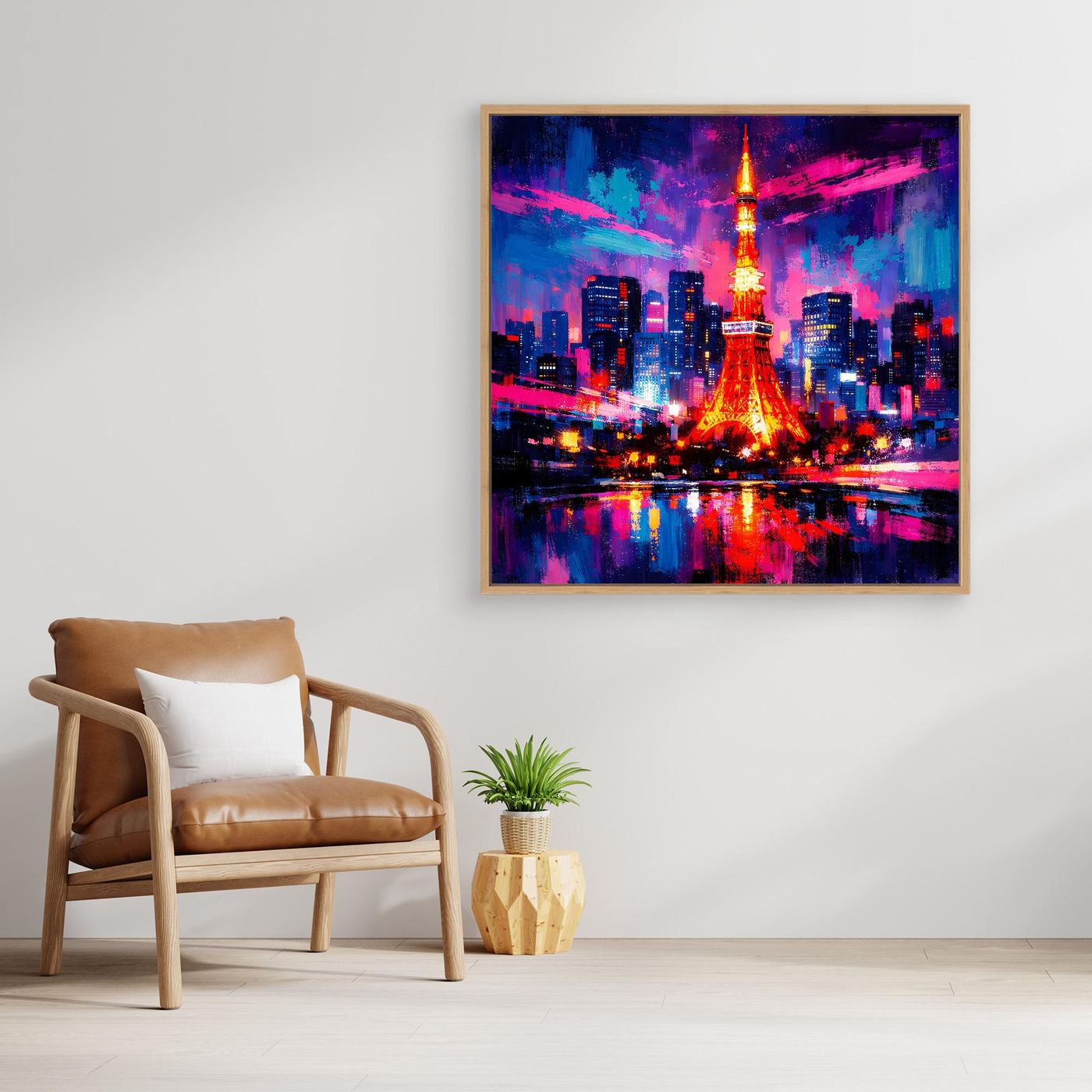 Abstraktes Skyline-Wandbild mit leuchtender Stadt und Turm, brauner Holzrahmen