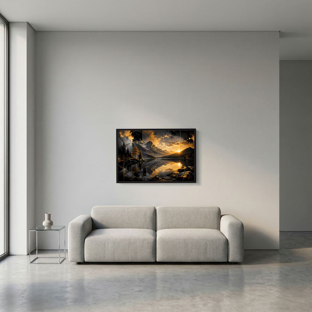 Wandposter im Querformat mit Bergsee bei Sonnenuntergang, schwarze und goldene Landschaft im schwarzen Rahmen