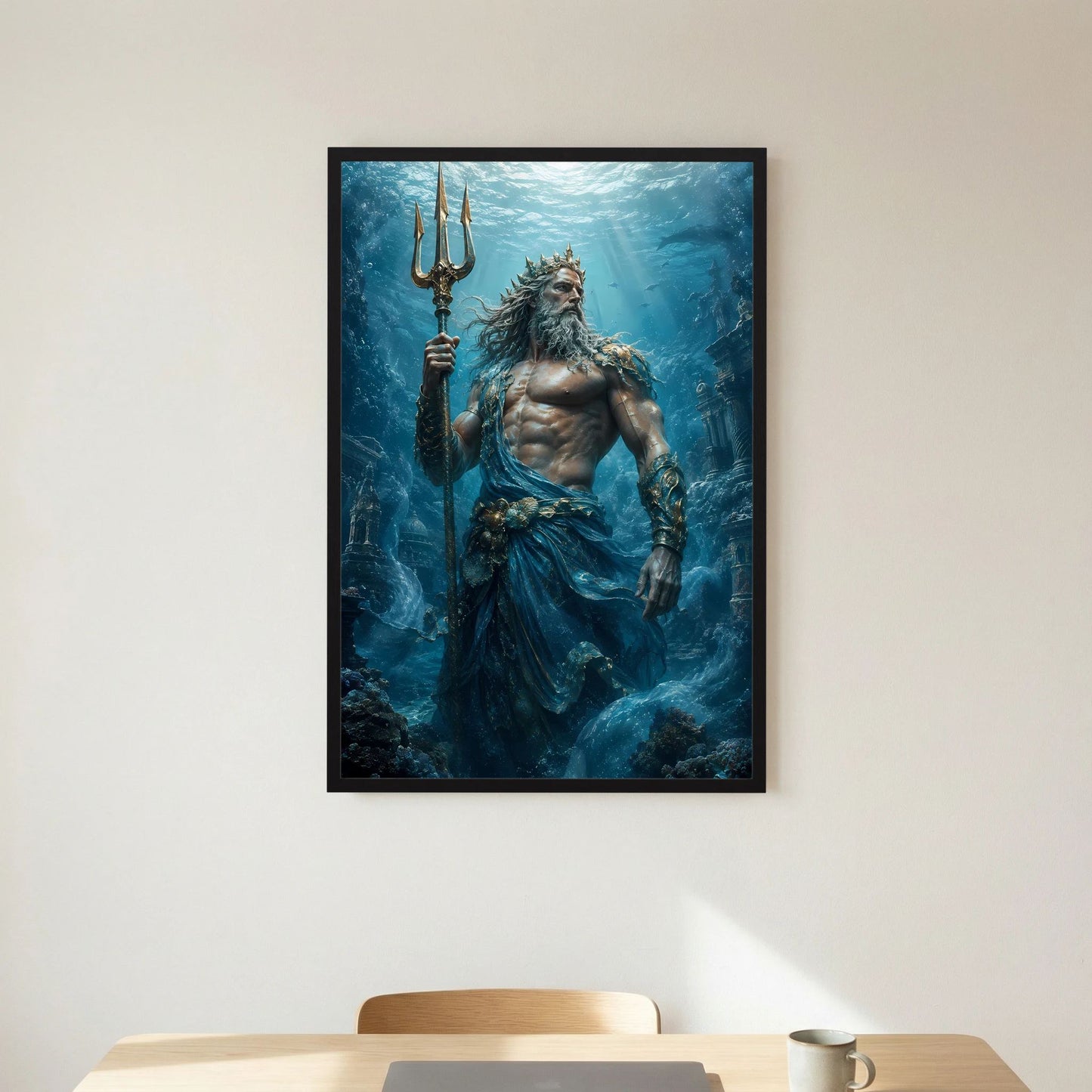 Gerahmtes Hochformat-Poster mit Poseidon-ähnlichem Meerkrieger und Dreizack