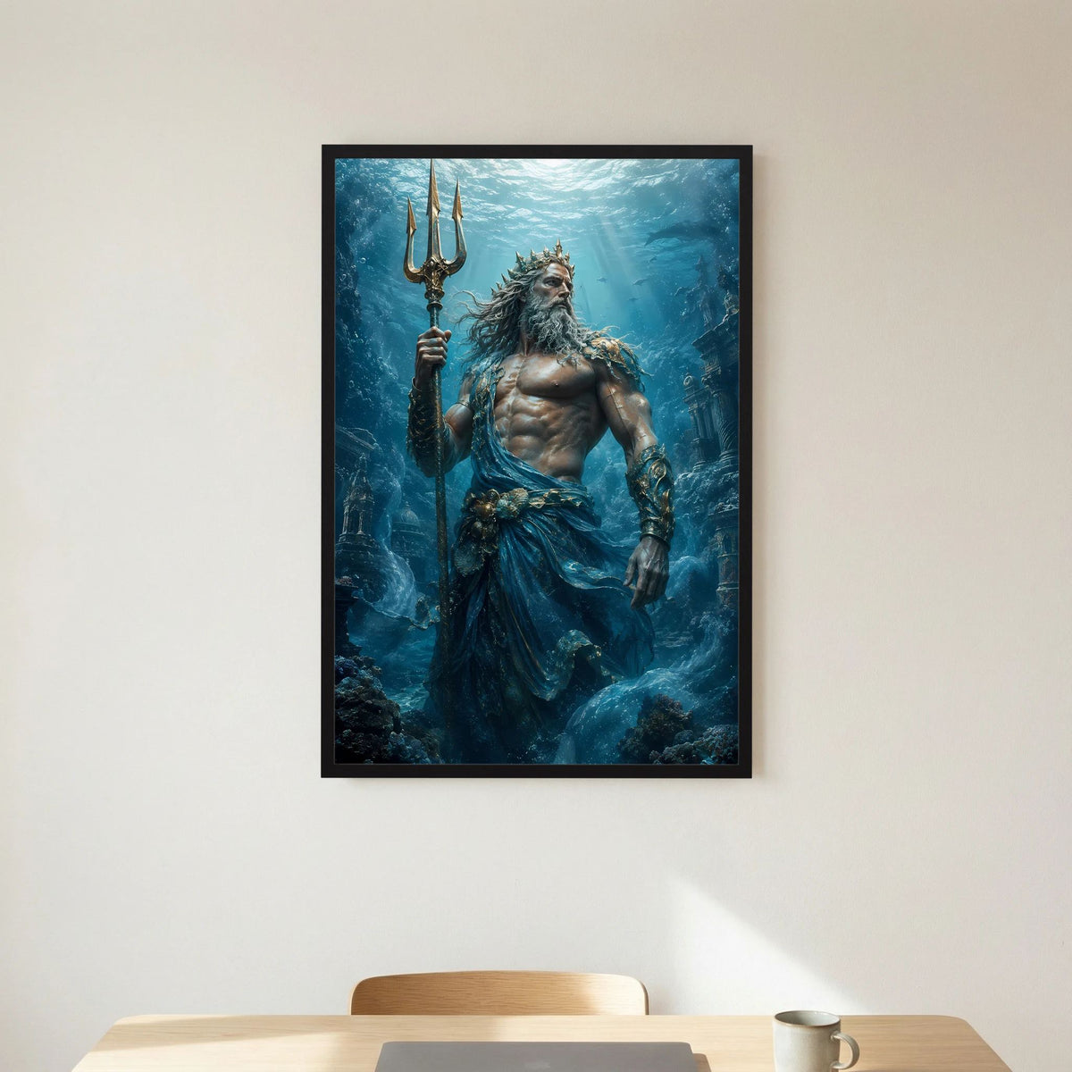 Gerahmtes Hochformat-Poster mit Poseidon-ähnlichem Meerkrieger und Dreizack