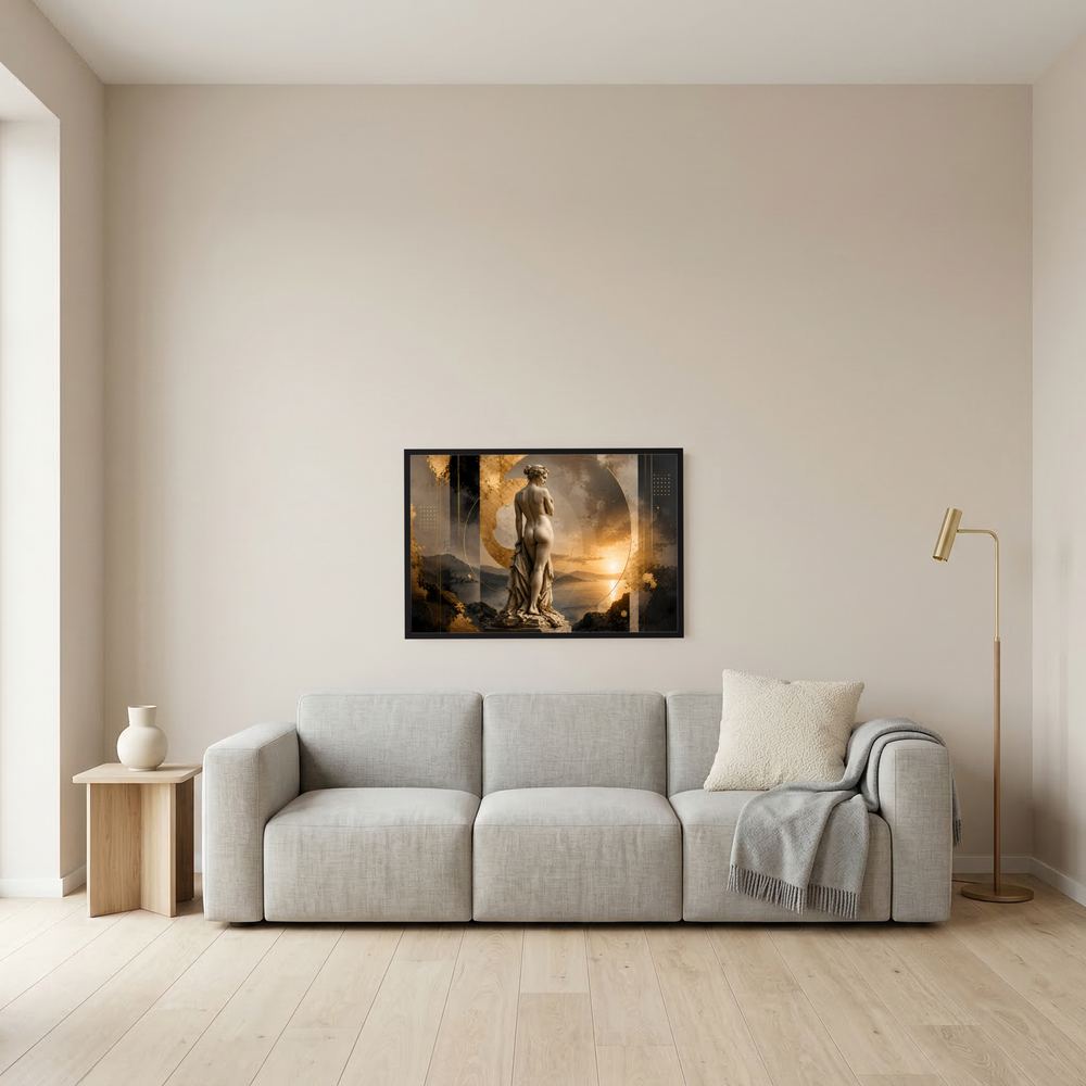 Gerahmtes Querformat-Poster mit Bronzestatue einer Frau, gold-schwarz mit Mondhintergrund