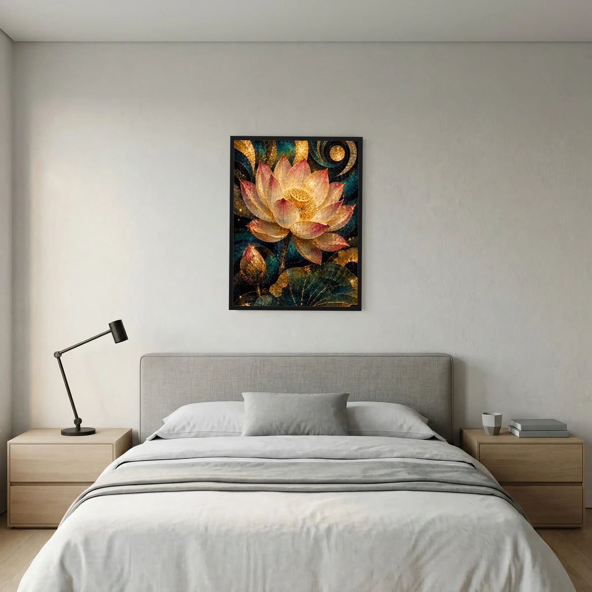 Hochformat-Poster mit Lotusblüte im Mosaik-Look, Goldtöne, Petrol & Rosa, schwarzer Rahmen