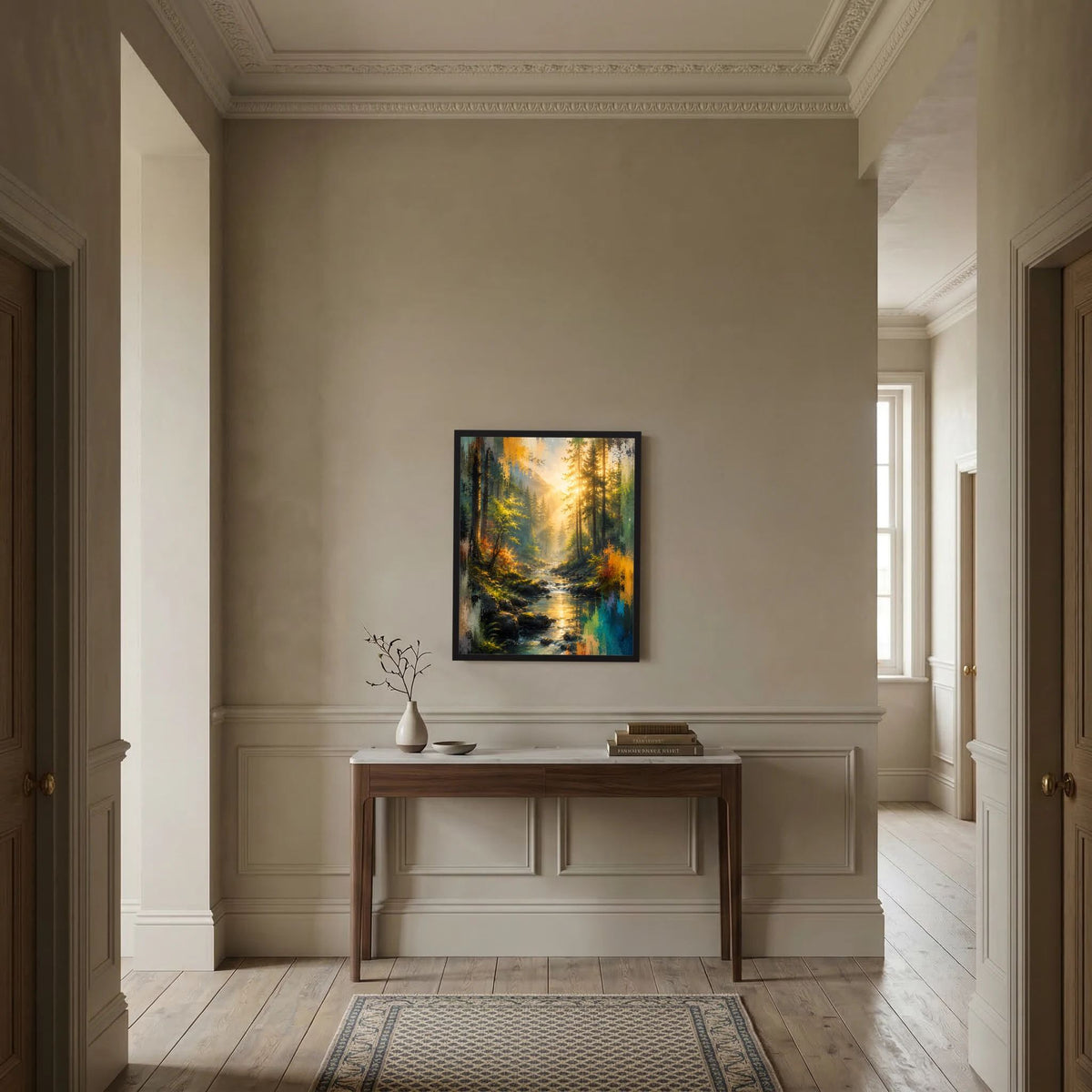 Gerahmtes Kunstposter mit Waldlandschaft und Bachlauf im Sonnenlicht
