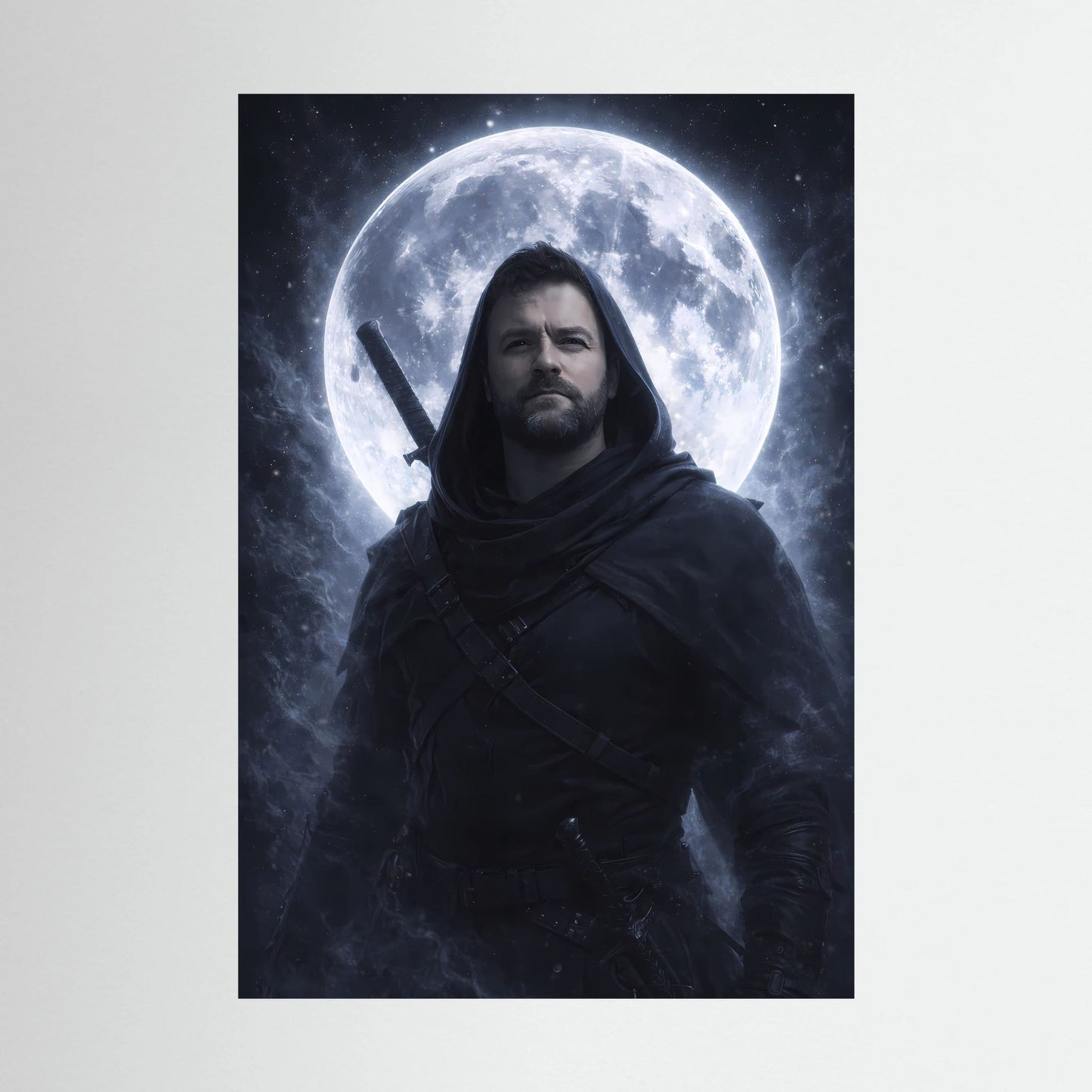 Fantasy-Poster: bärtiger Kapuzenkrieger mit Schwert vor hellem Vollmond