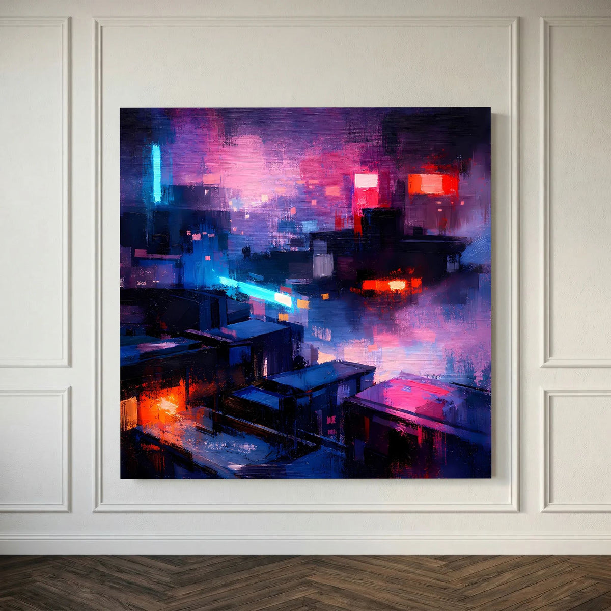 Quadratisches Leinwand-Wandbild: Neon-Cyberpunk-Stadt bei Nacht, rote und blaue Lichtpunkte