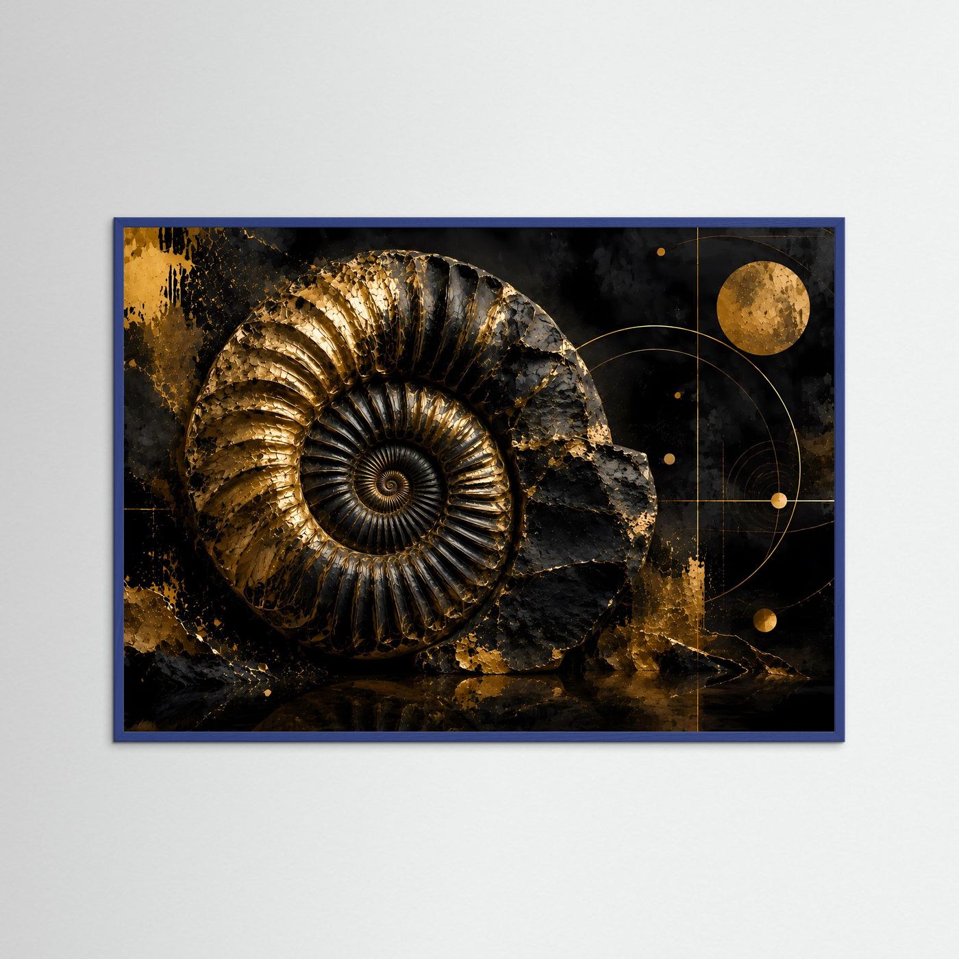Querformat-Poster mit goldenem Ammonit auf dunklem Hintergrund, Kreislinien und goldenen Punkten, blau akzentiert
